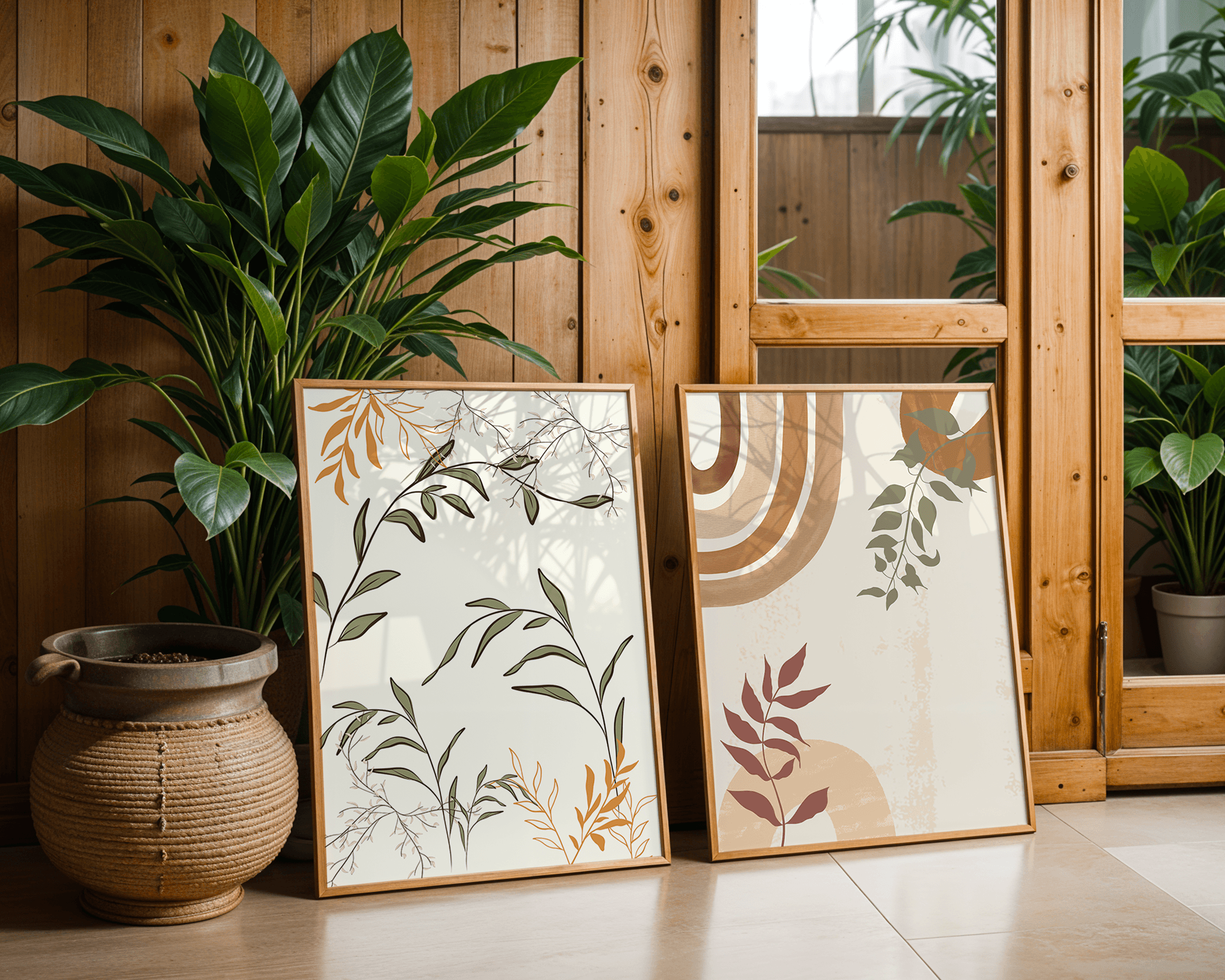 Minimalist Çizgiler ve Doğal Renkli İkili Tablo Seti