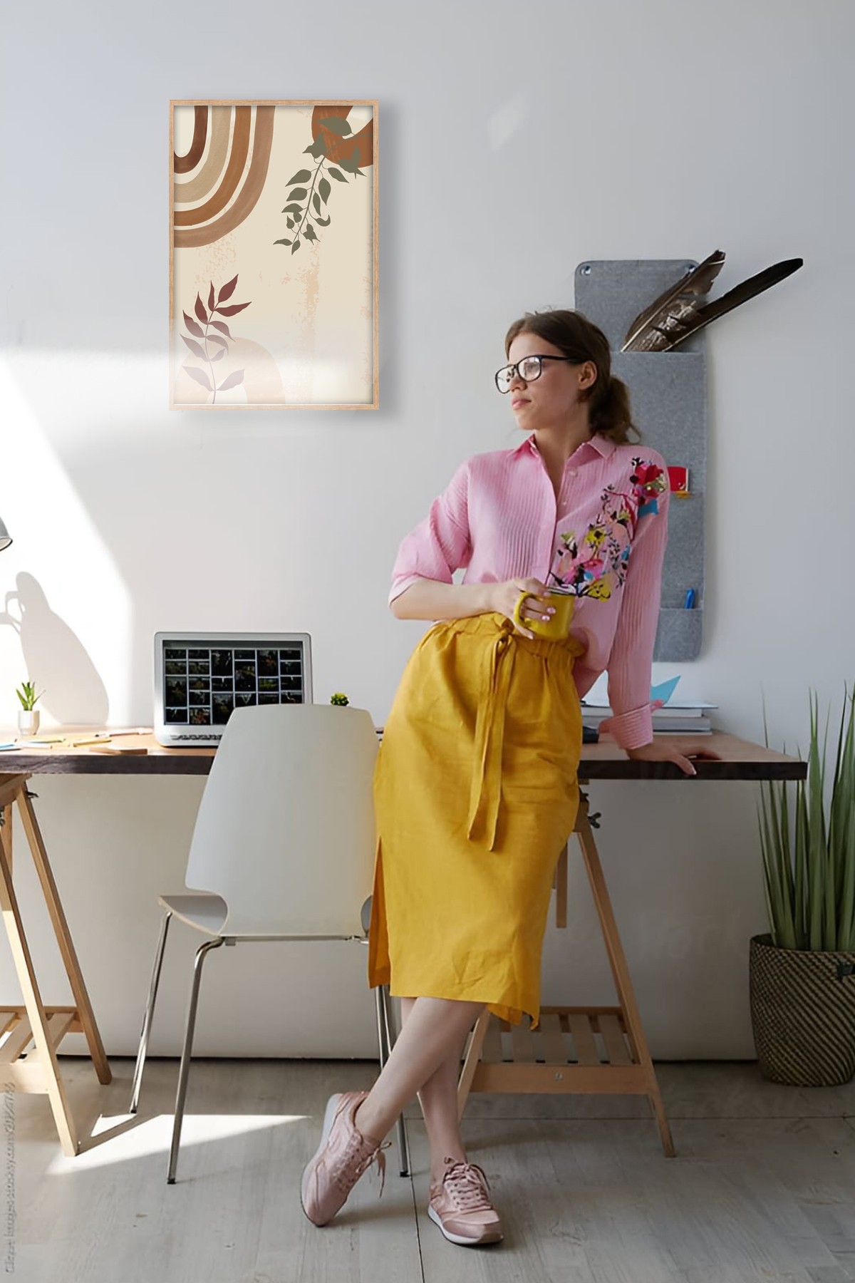 Modern Minimalist Ahşap Çerçeveli Soyut Yaprak Desenli Duvar Tablosu