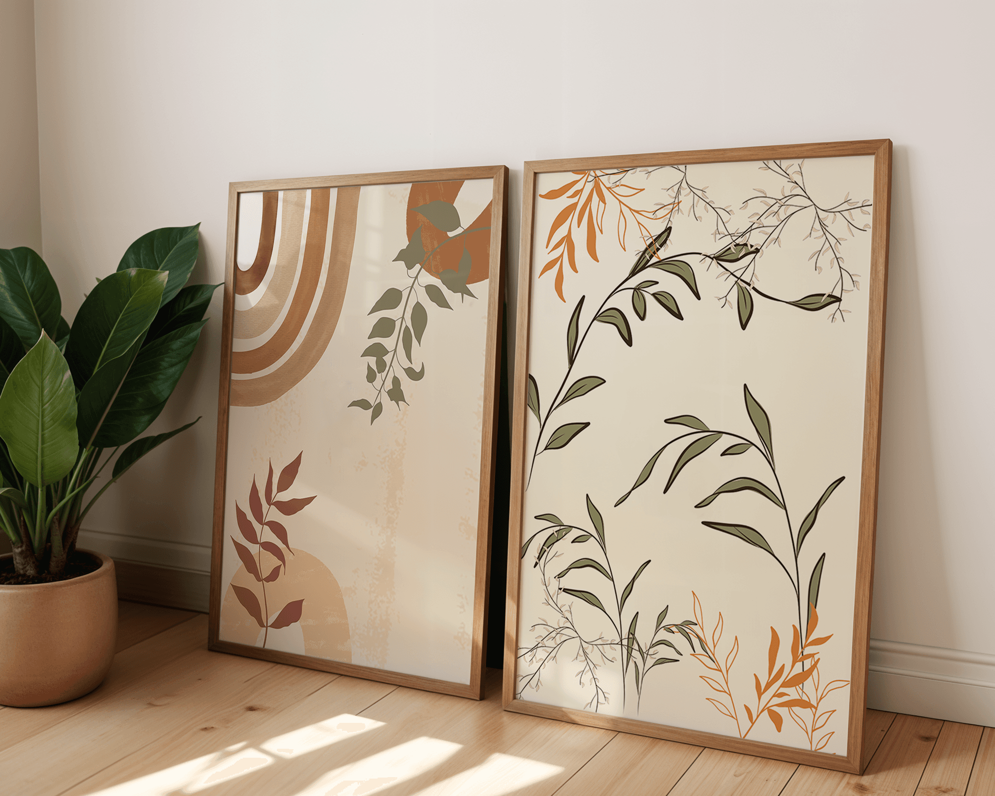 Minimalist Çizgiler ve Doğal Renkli İkili Tablo Seti