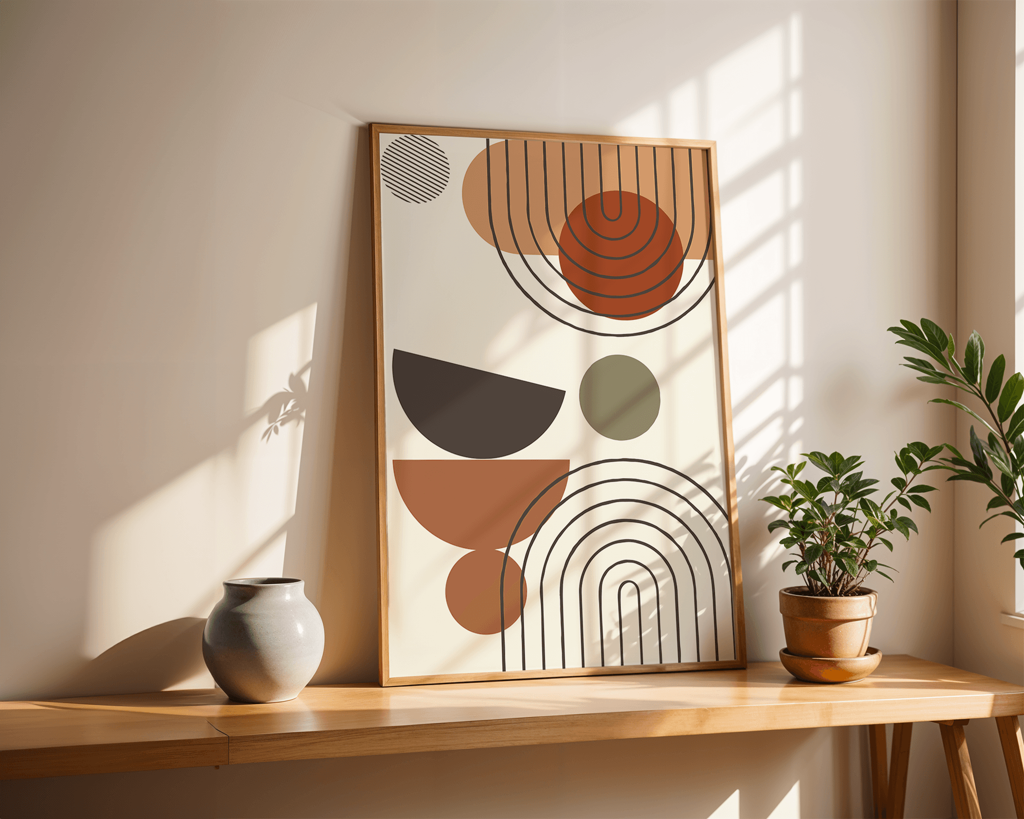 Minimalist Geometrik Şekiller, Ahşap Çerçeveli, Modern Duvar Tablosu