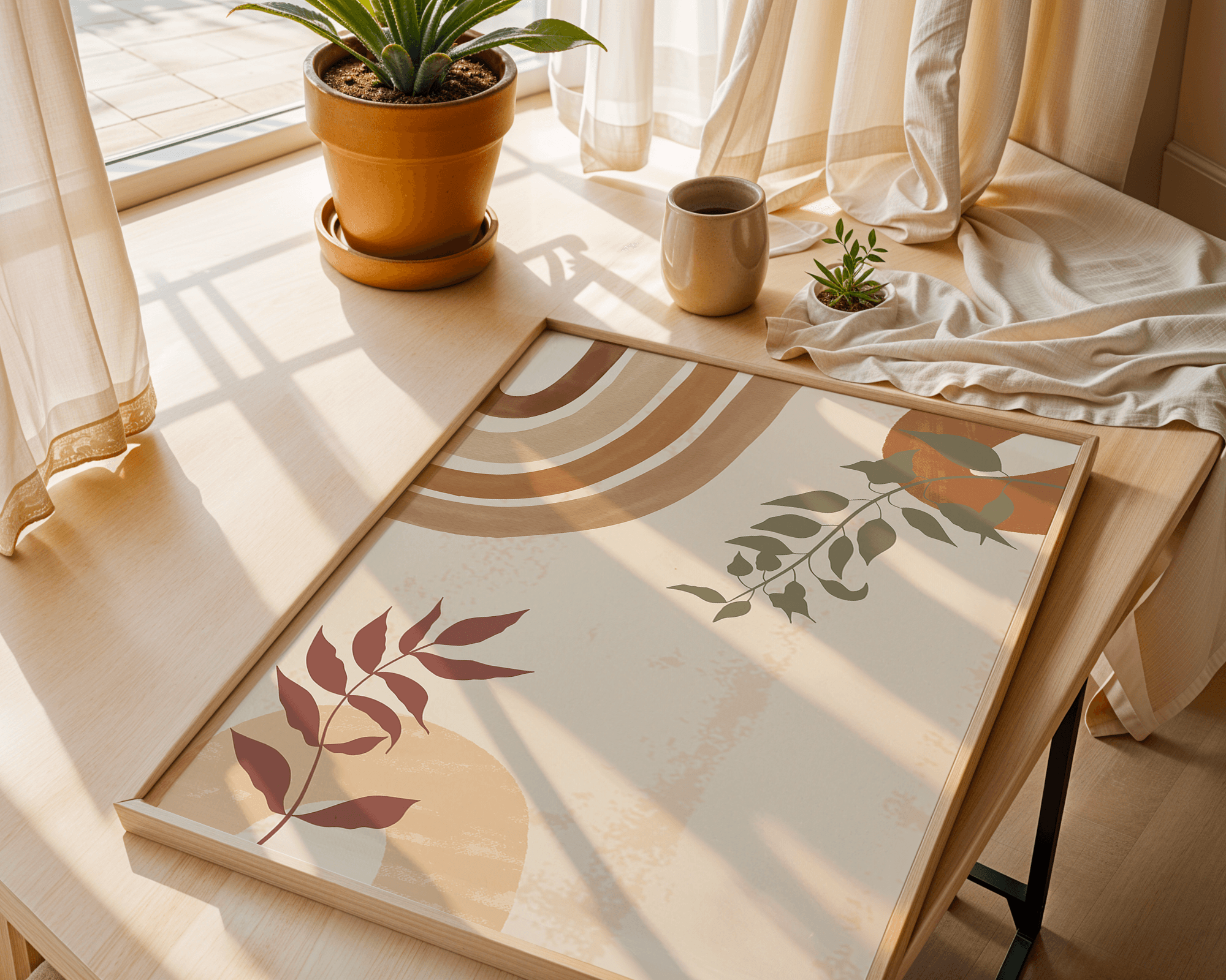 Modern Minimalist Ahşap Çerçeveli Soyut Yaprak Desenli Duvar Tablosu