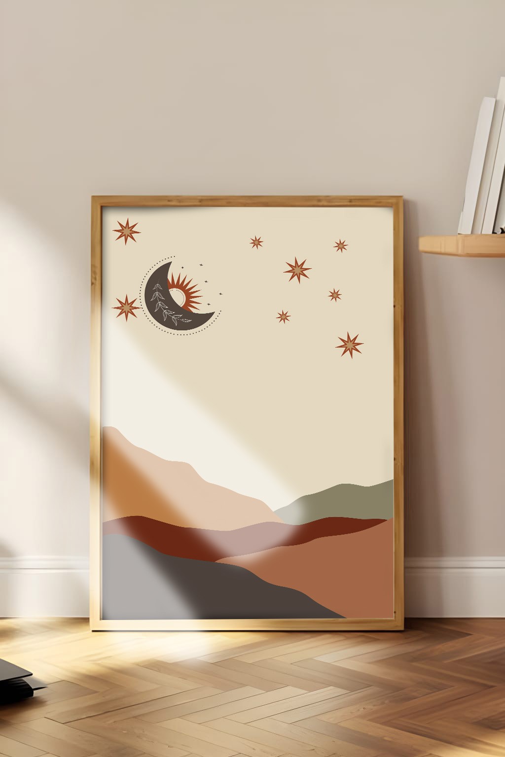 Modern Soyut Çerçeveli Ay ve Dağ Tasarımı Dekoratif Tablo 