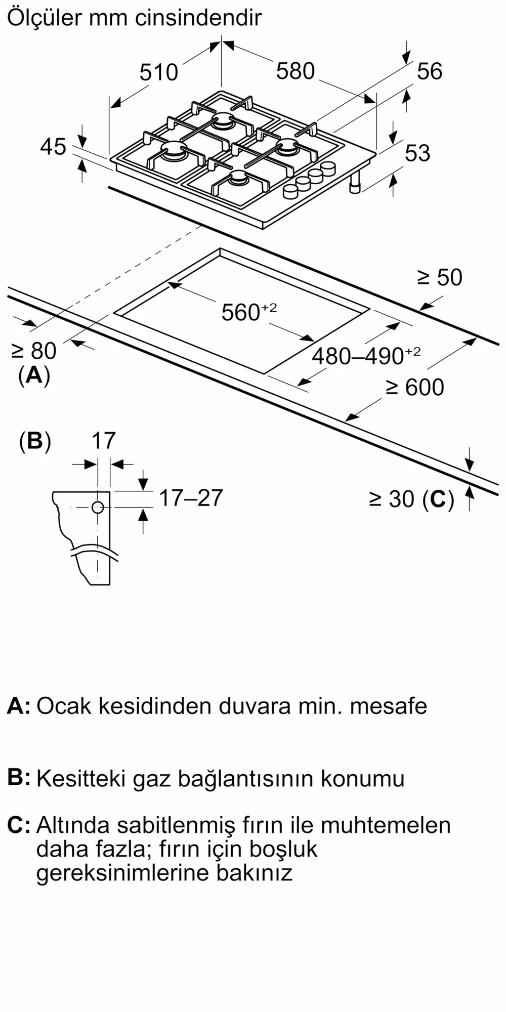 iQ100 EB6C5PB82O Gazlı Ocak 60 cm Paslanmaz çelik