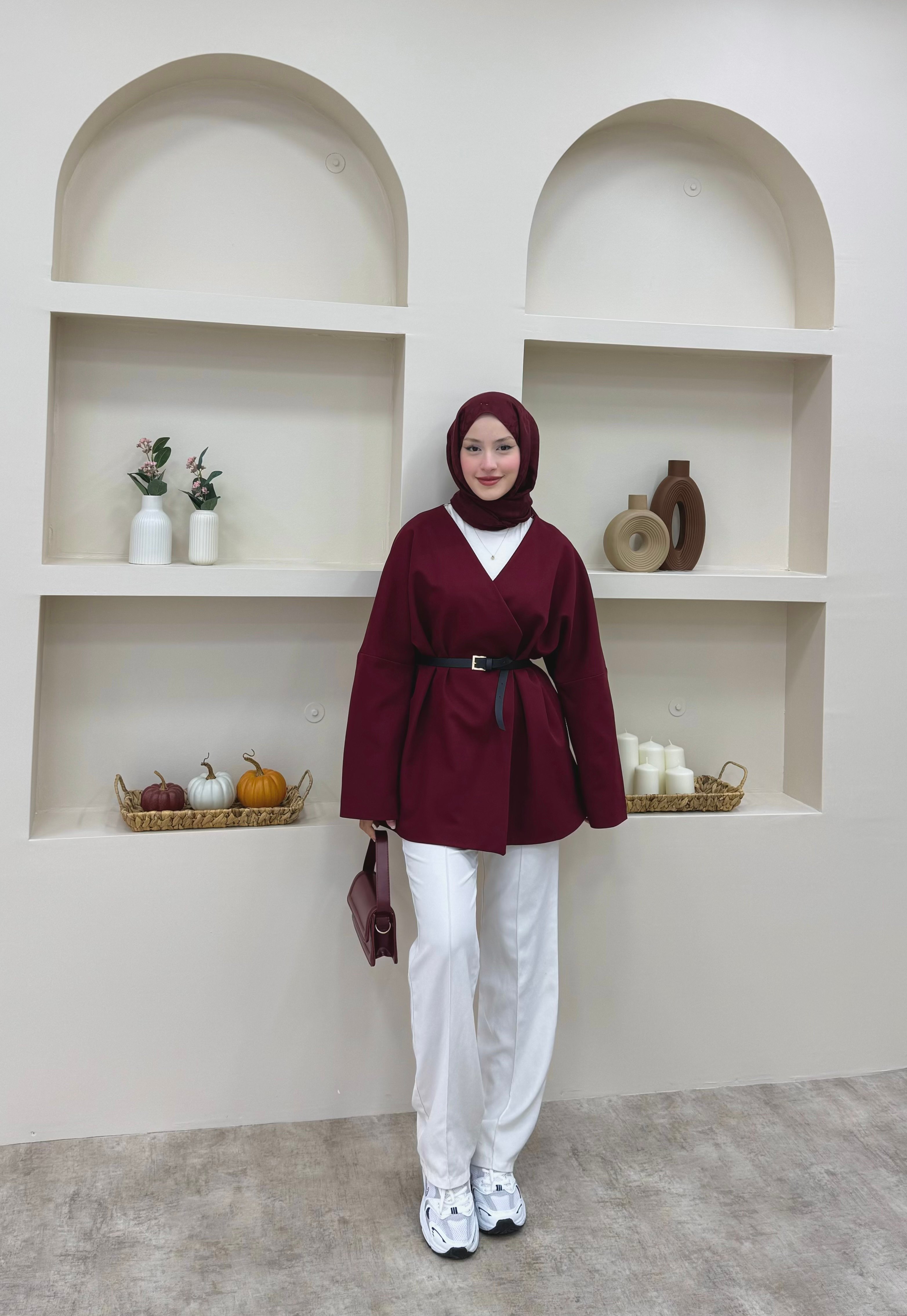 Kruvaze Yaka Kemerli Blazer Ceket  - Bordo