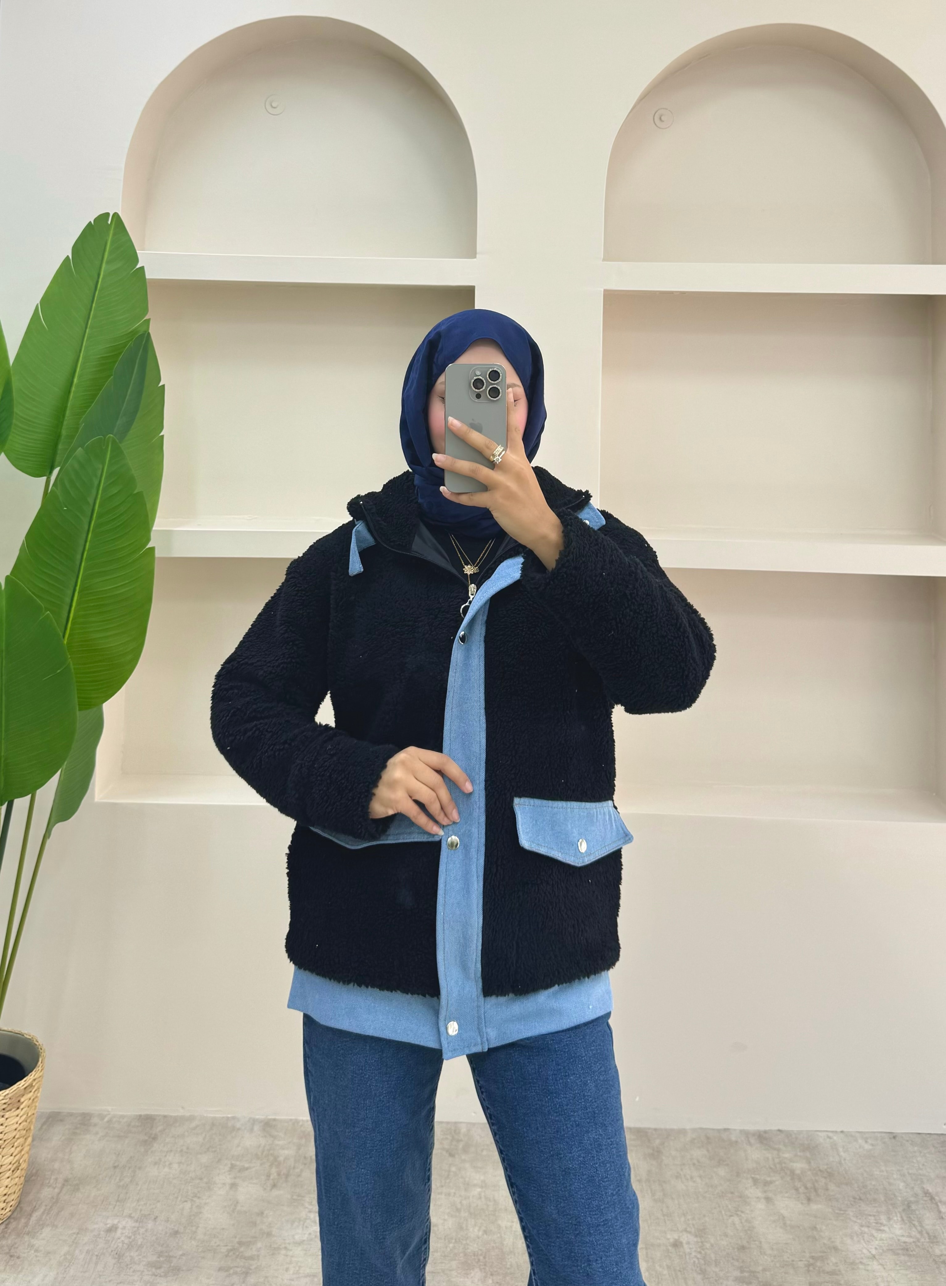 Kot Detaylı Peluş Ceket - Siyah