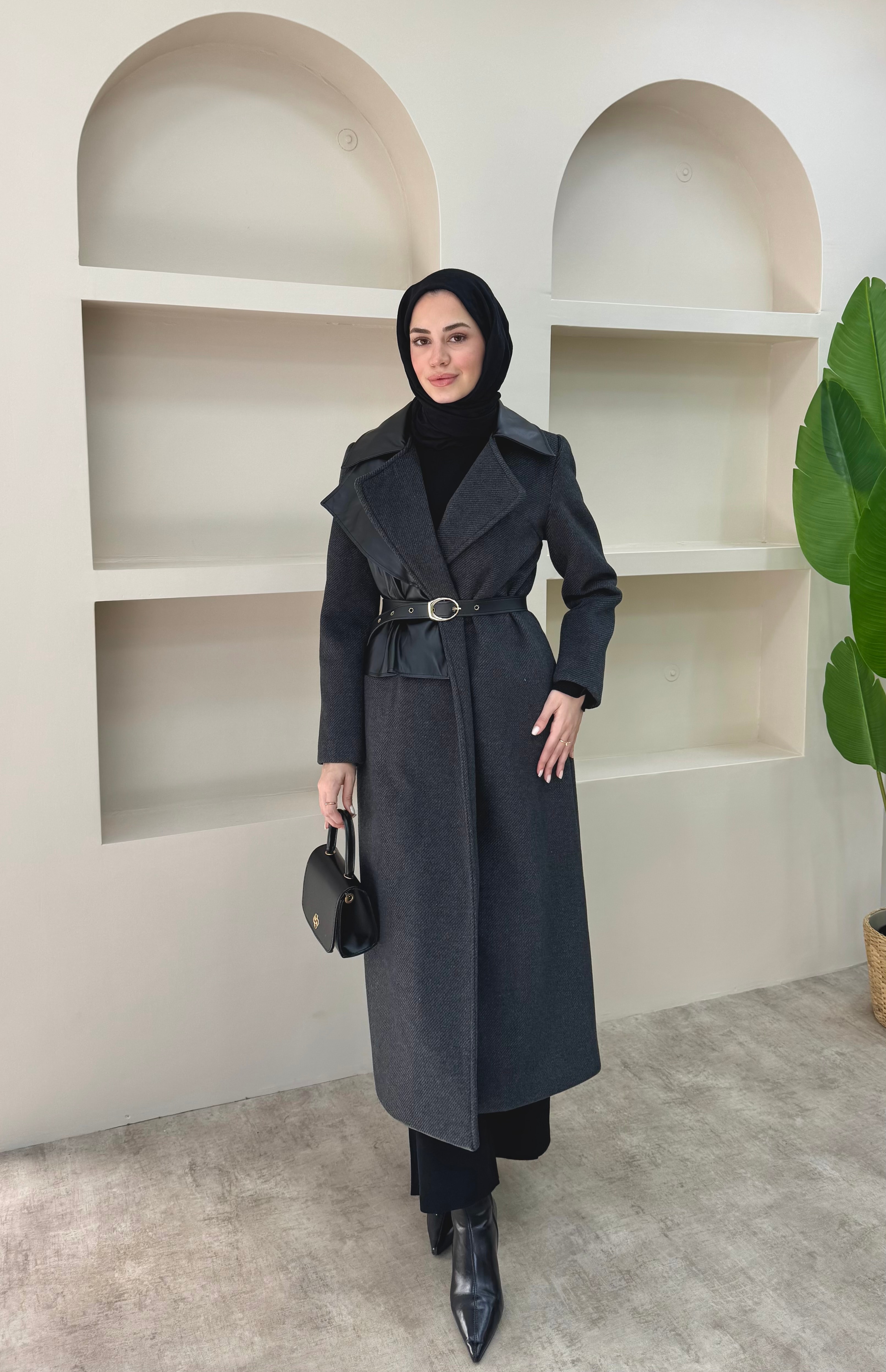 Deri Pelerinli Premium Kaşe Kaban 