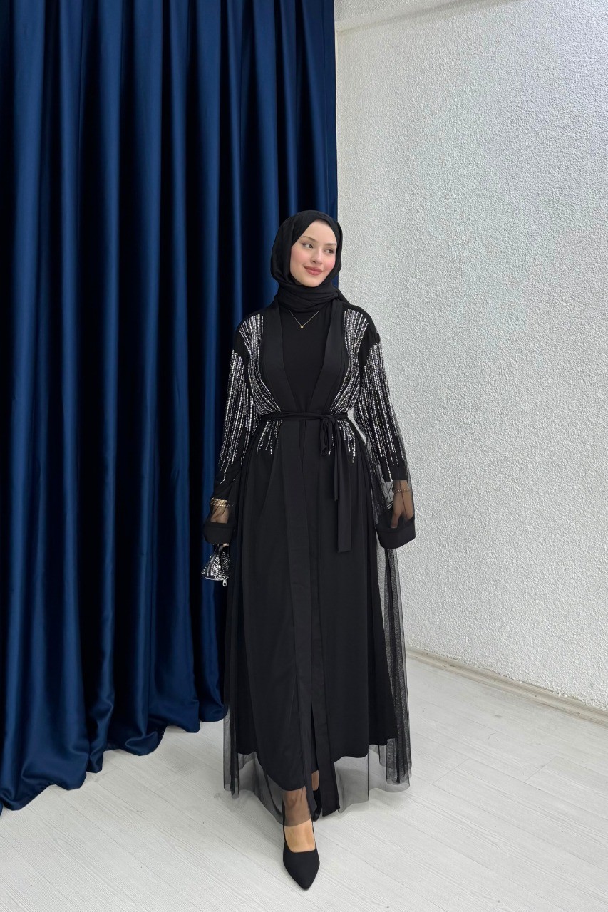 Taşlı Abaya Takım - Siyah