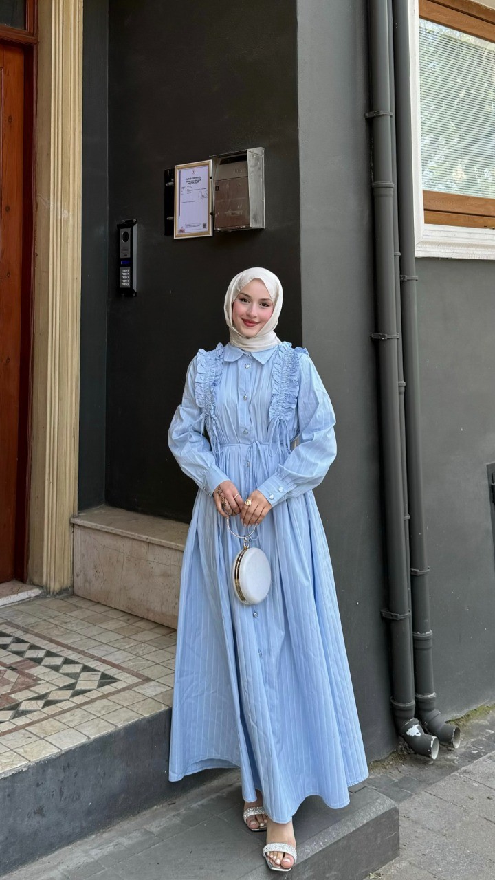 Boydan Düğmeli Elbise - Buz Mavisi
