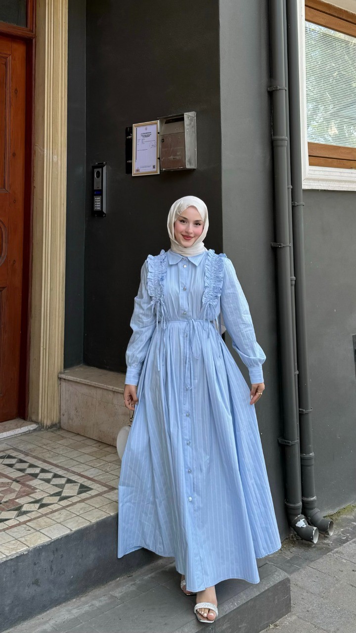 Boydan Düğmeli Elbise - Buz Mavisi