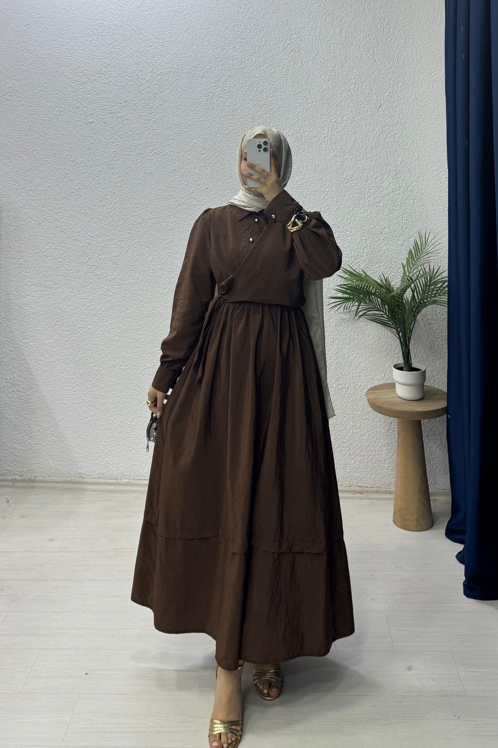 Bağlamalı Elbise - Kahverengi