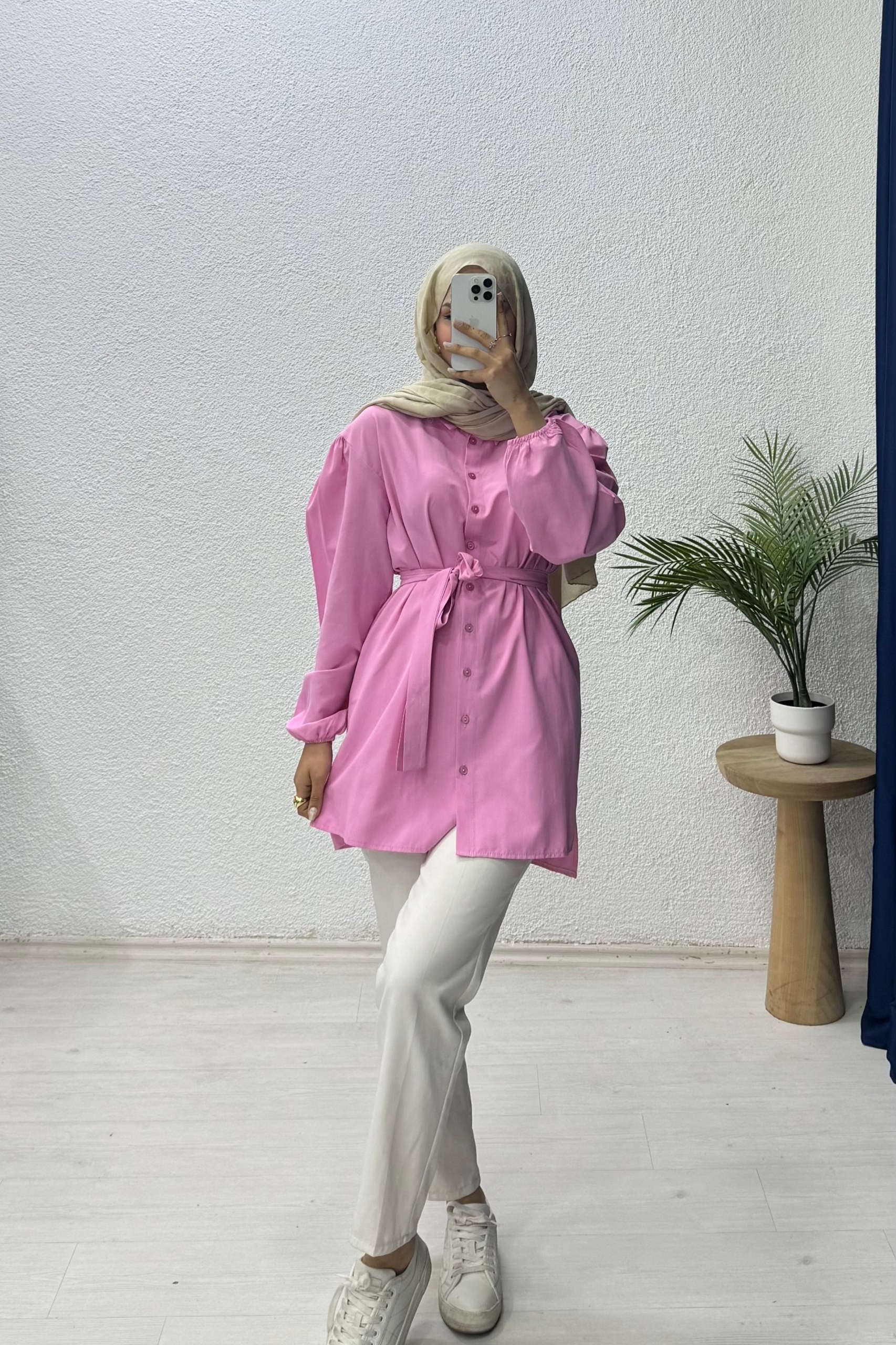 Bağlamalı Balon Kol Gömlek - PEMBE