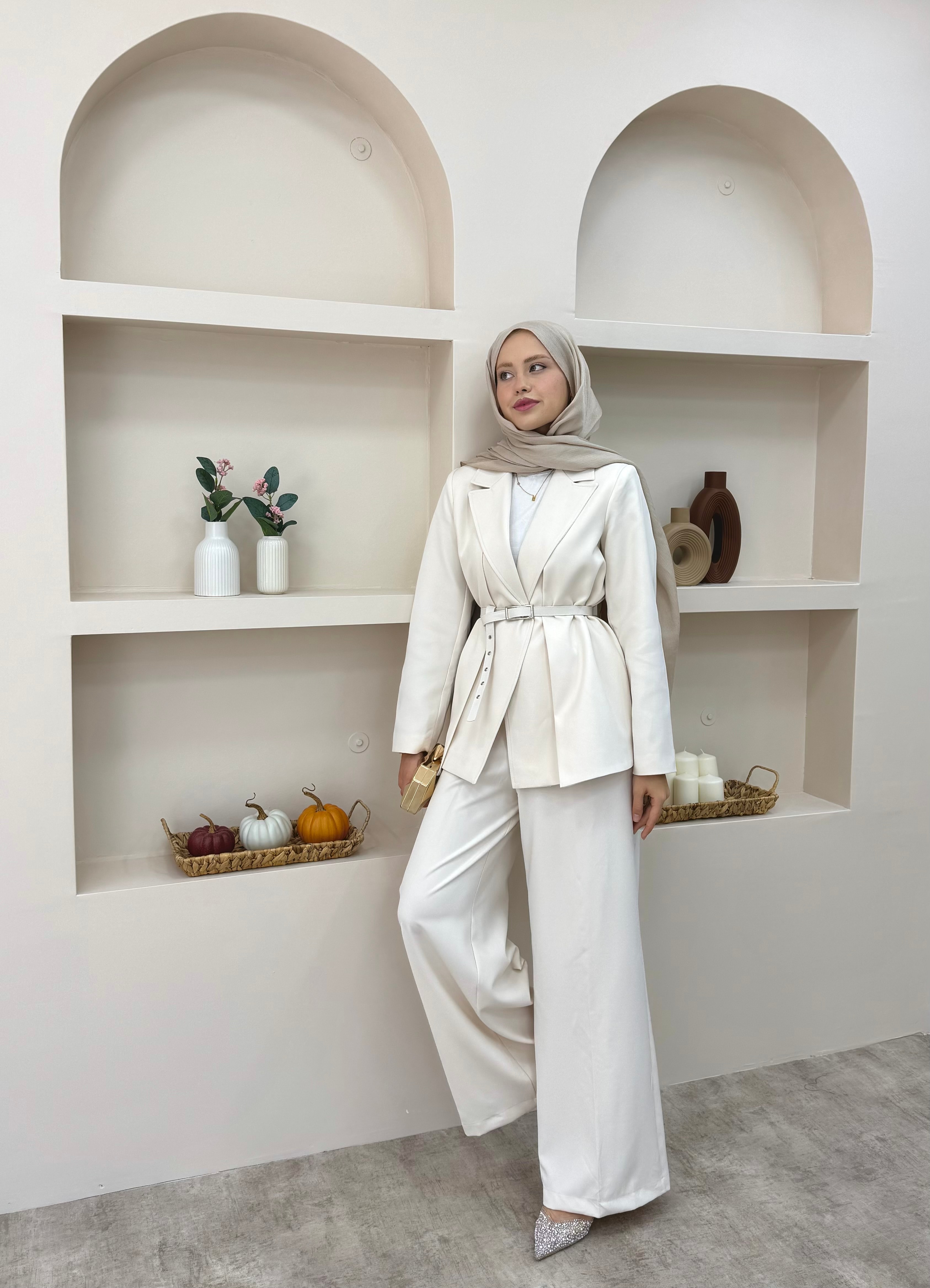 Çift Yaka Blazer Takım  - Krem