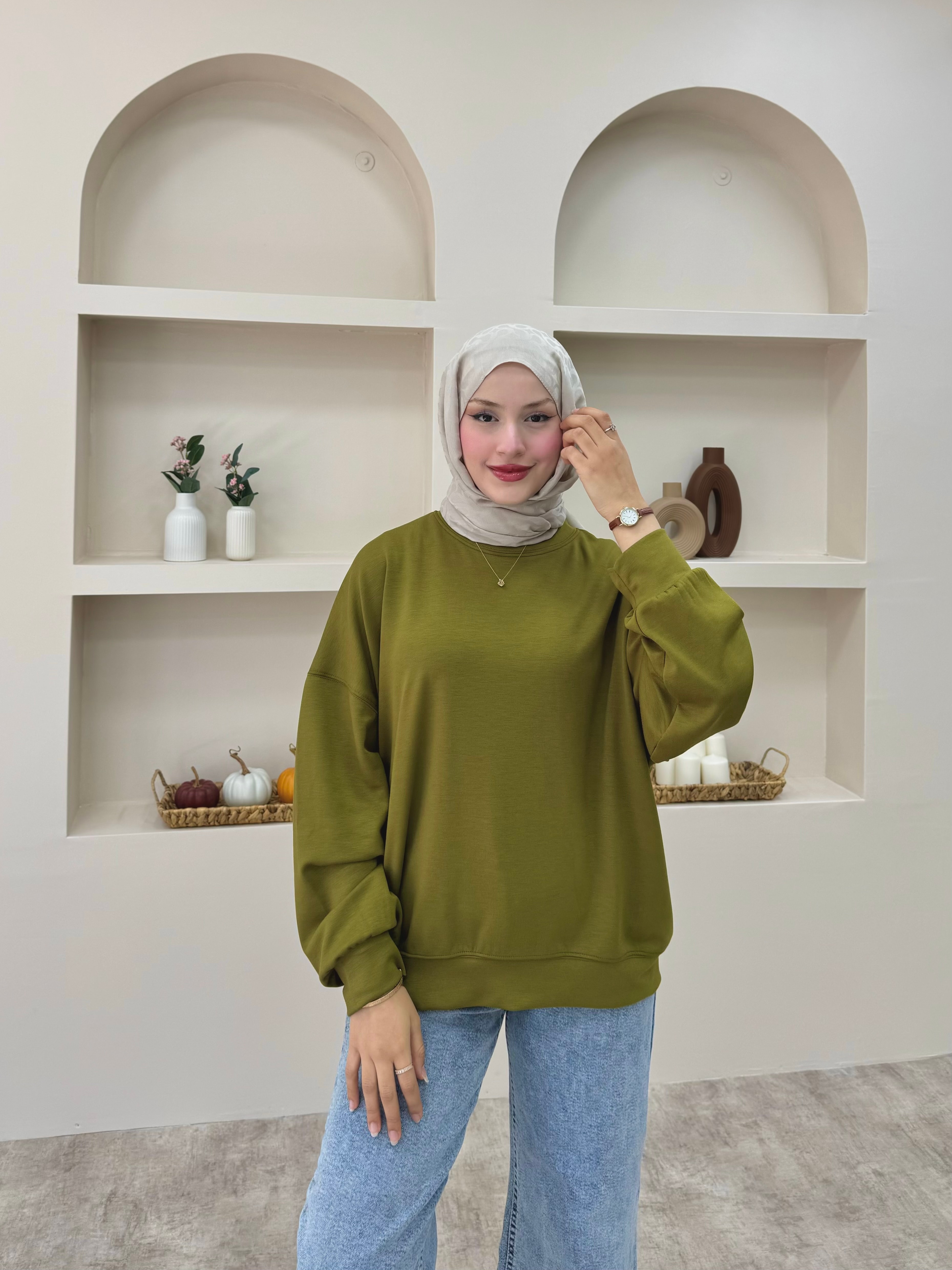 Düz Basic Sweat  - yağ yeşili