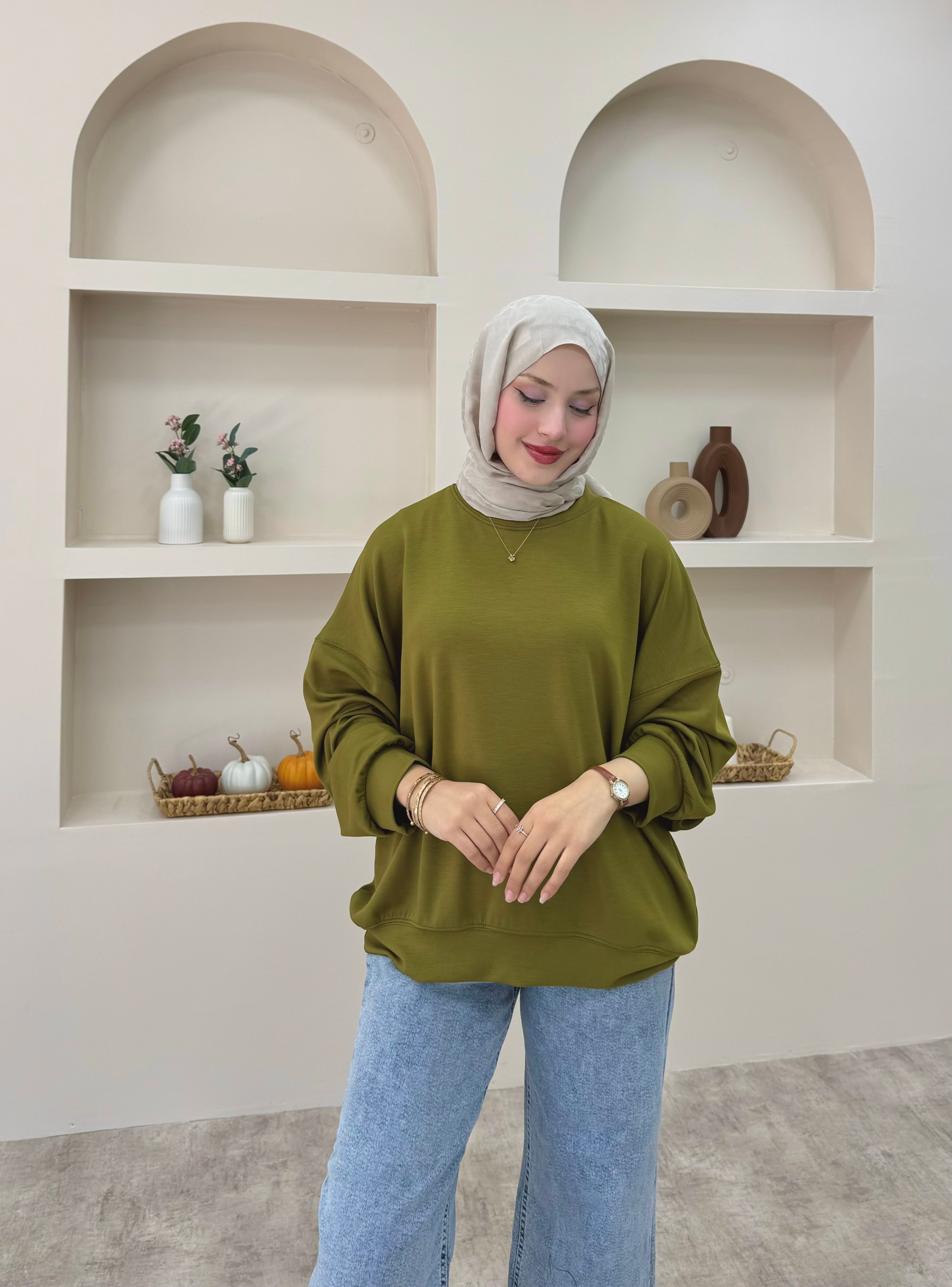 Düz Basic Sweat  - yağ yeşili