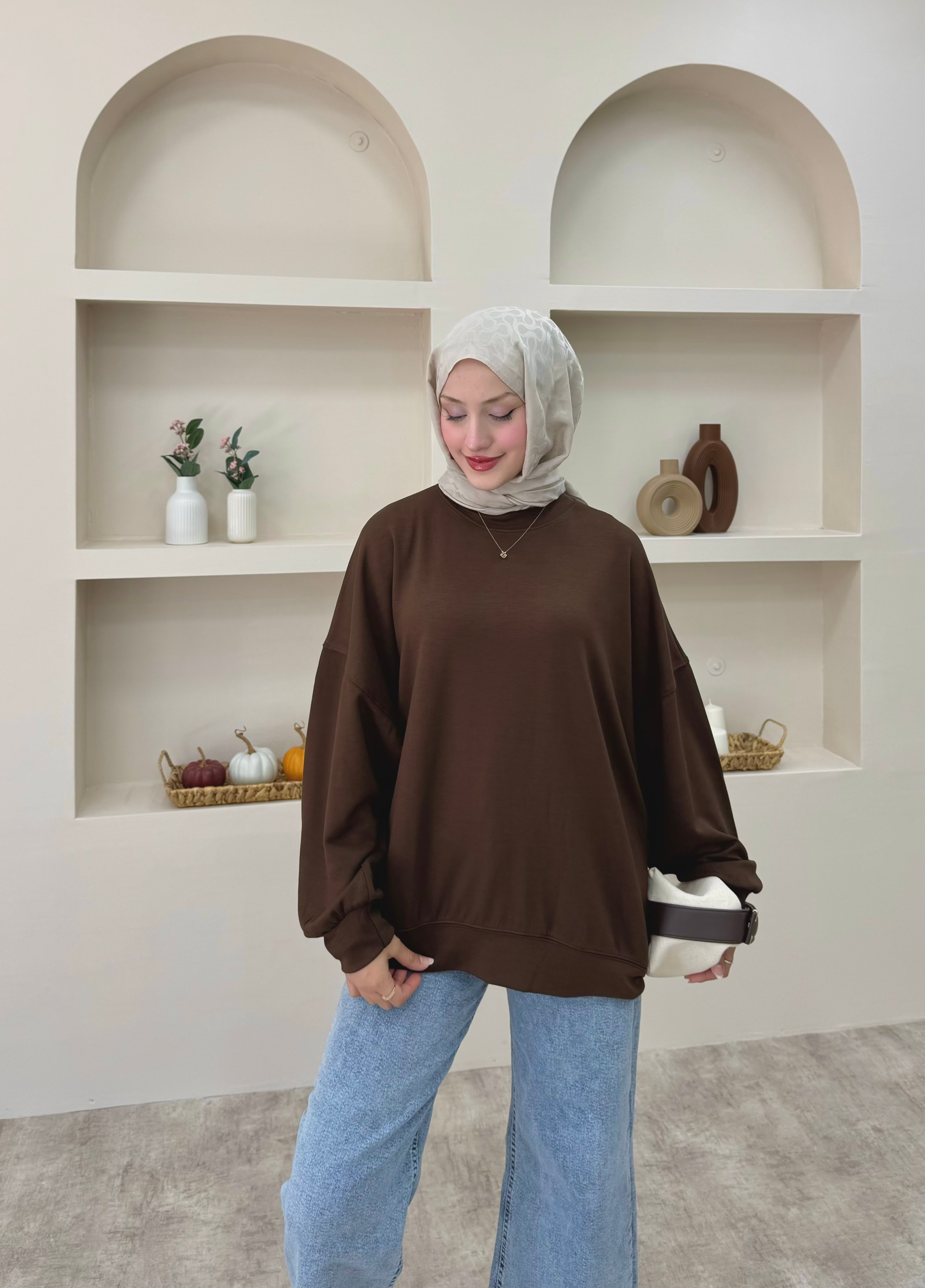 Düz Basic Sweat  - Kahverengi