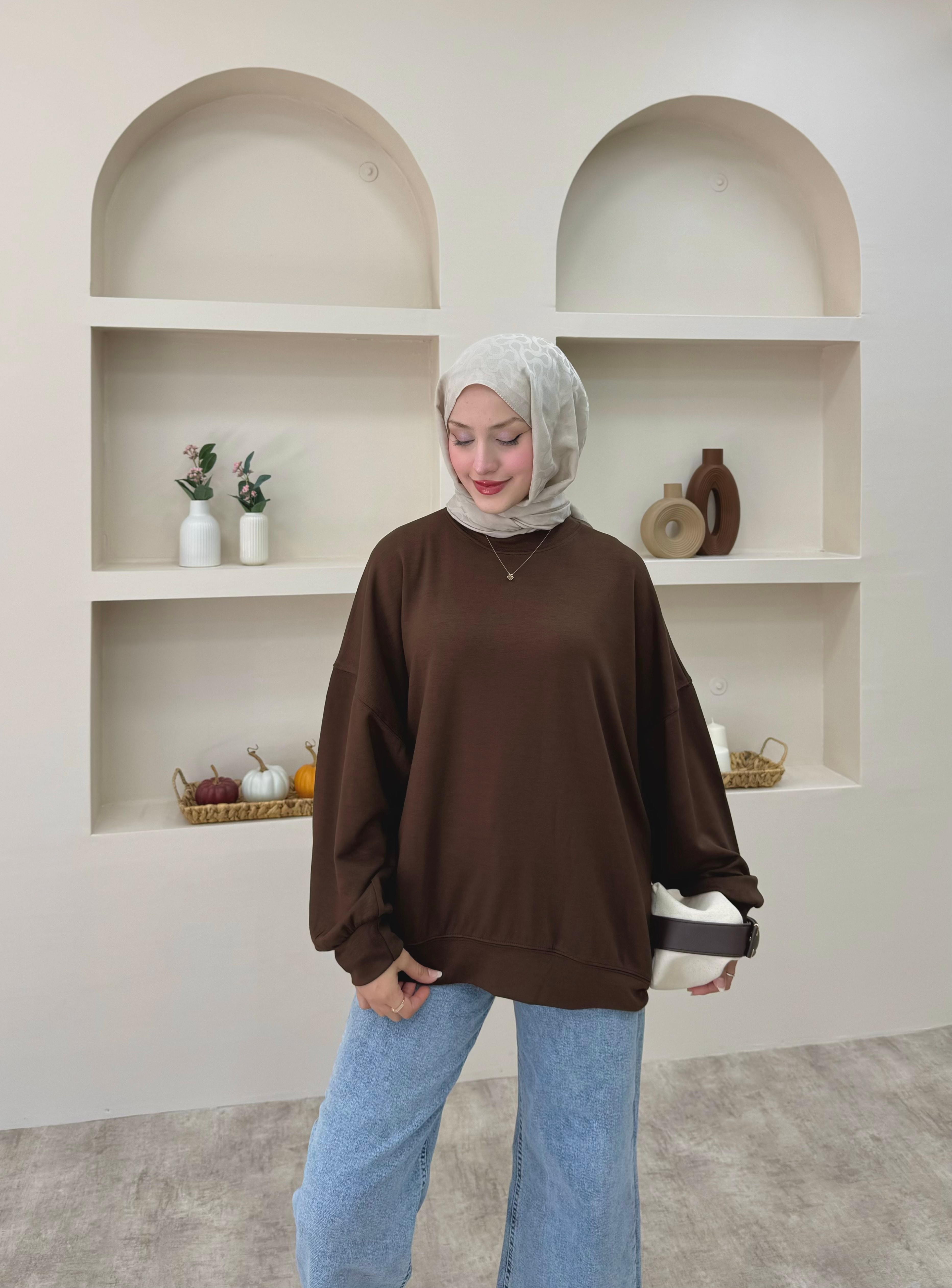Düz Basic Sweat  - Kahverengi