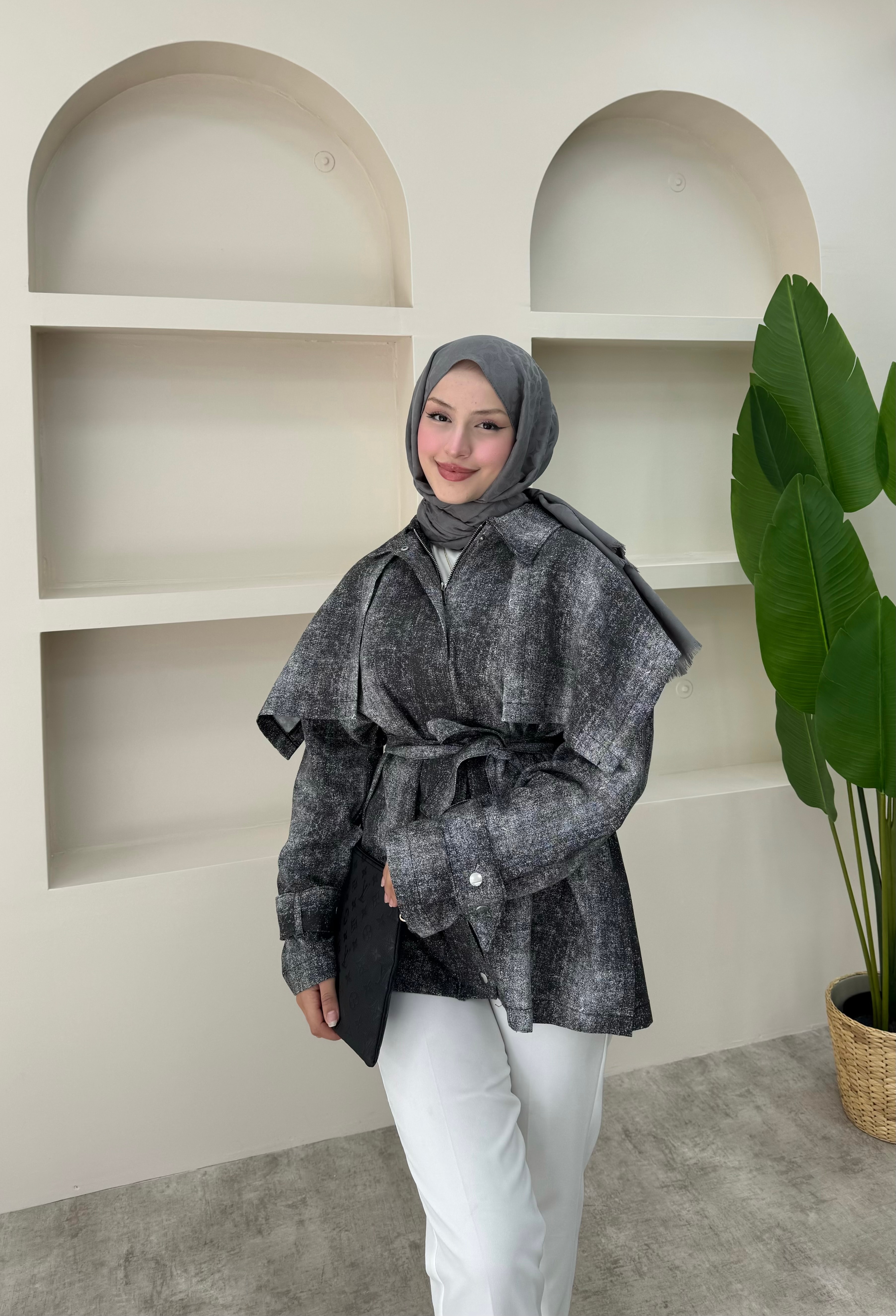 Fermuarlı Gabardin Ceket - Gri