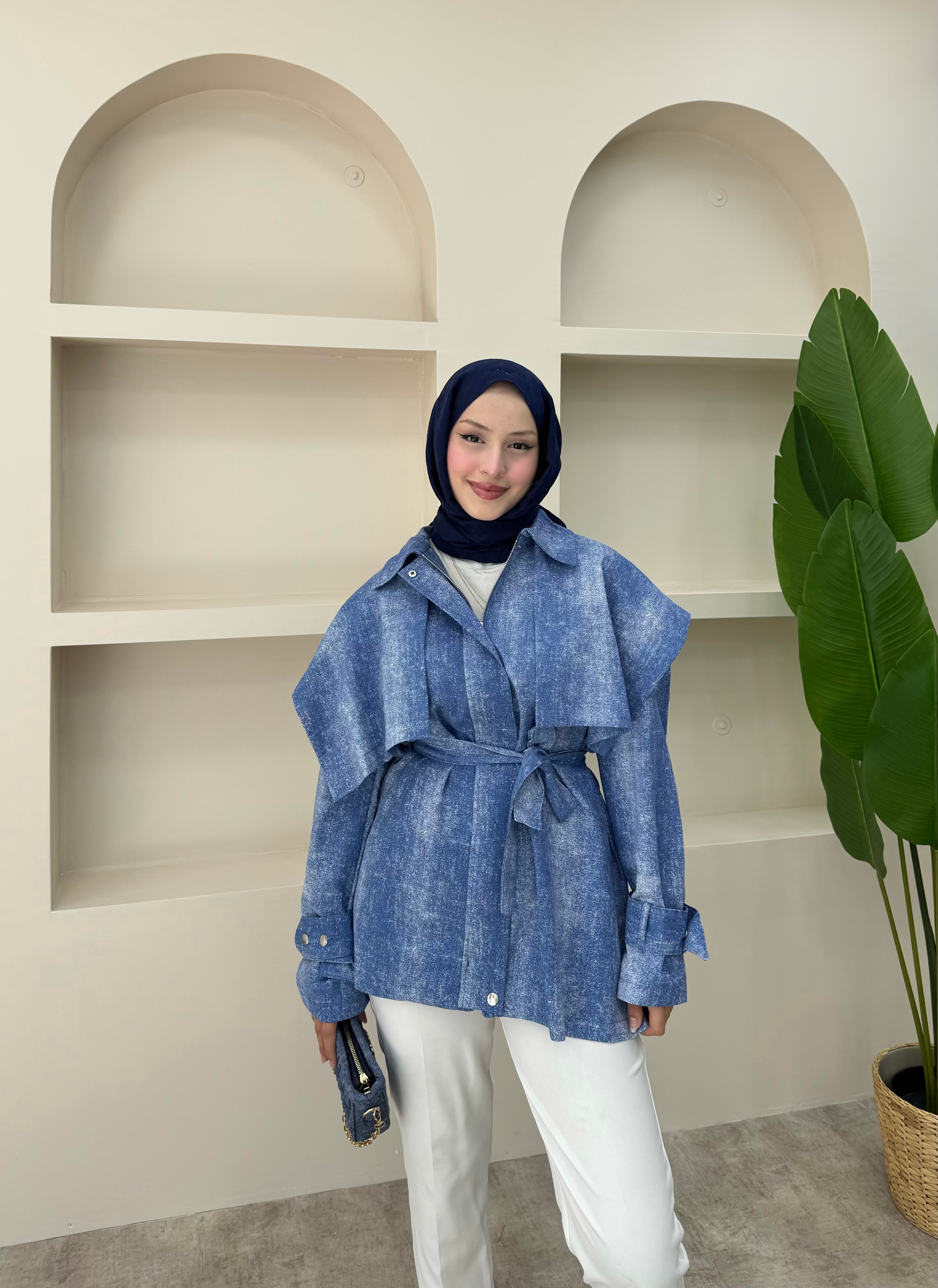 Fermuarlı Gabardin Ceket - Mavi