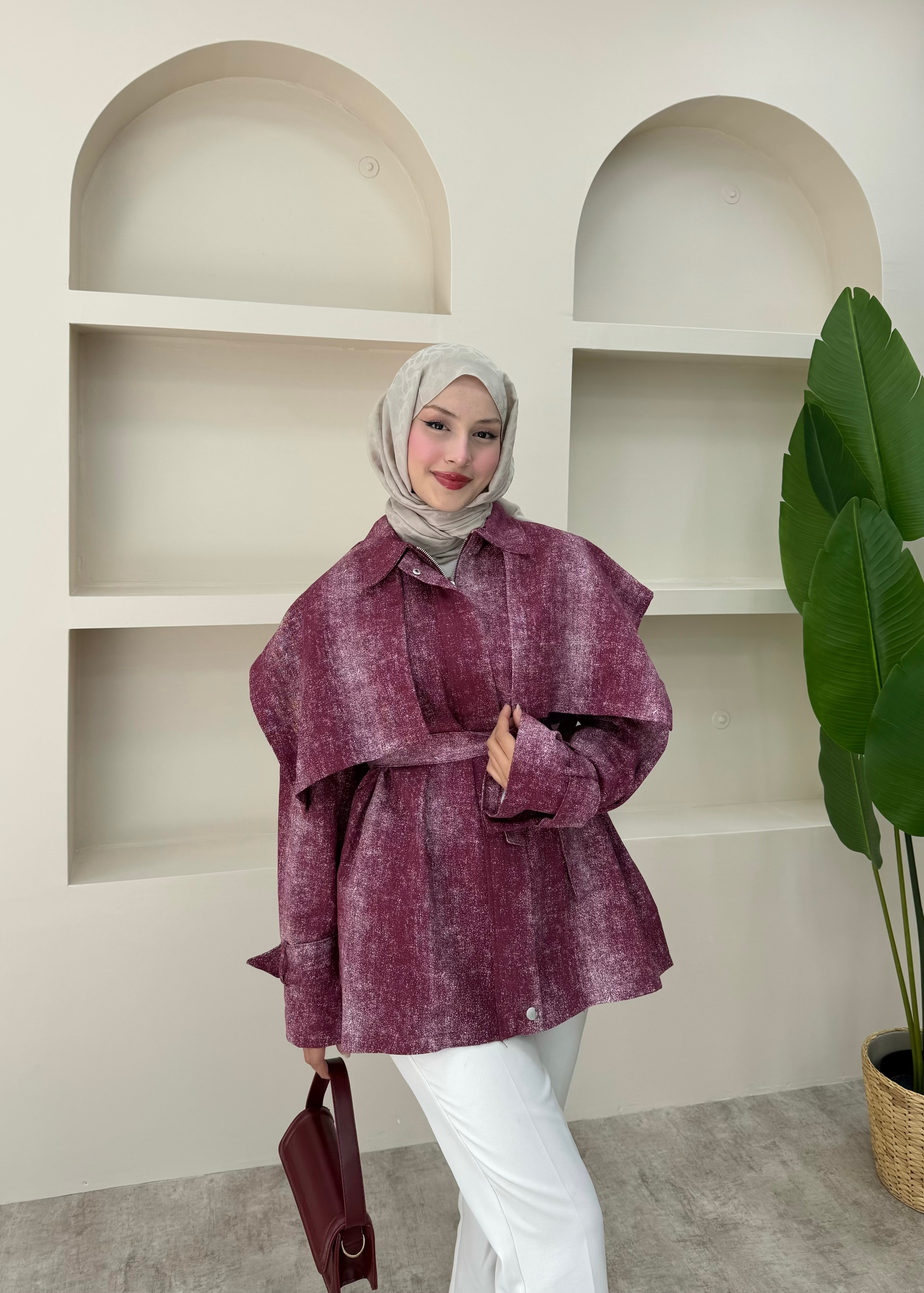 Fermuarlı Gabardin Ceket - Bordo