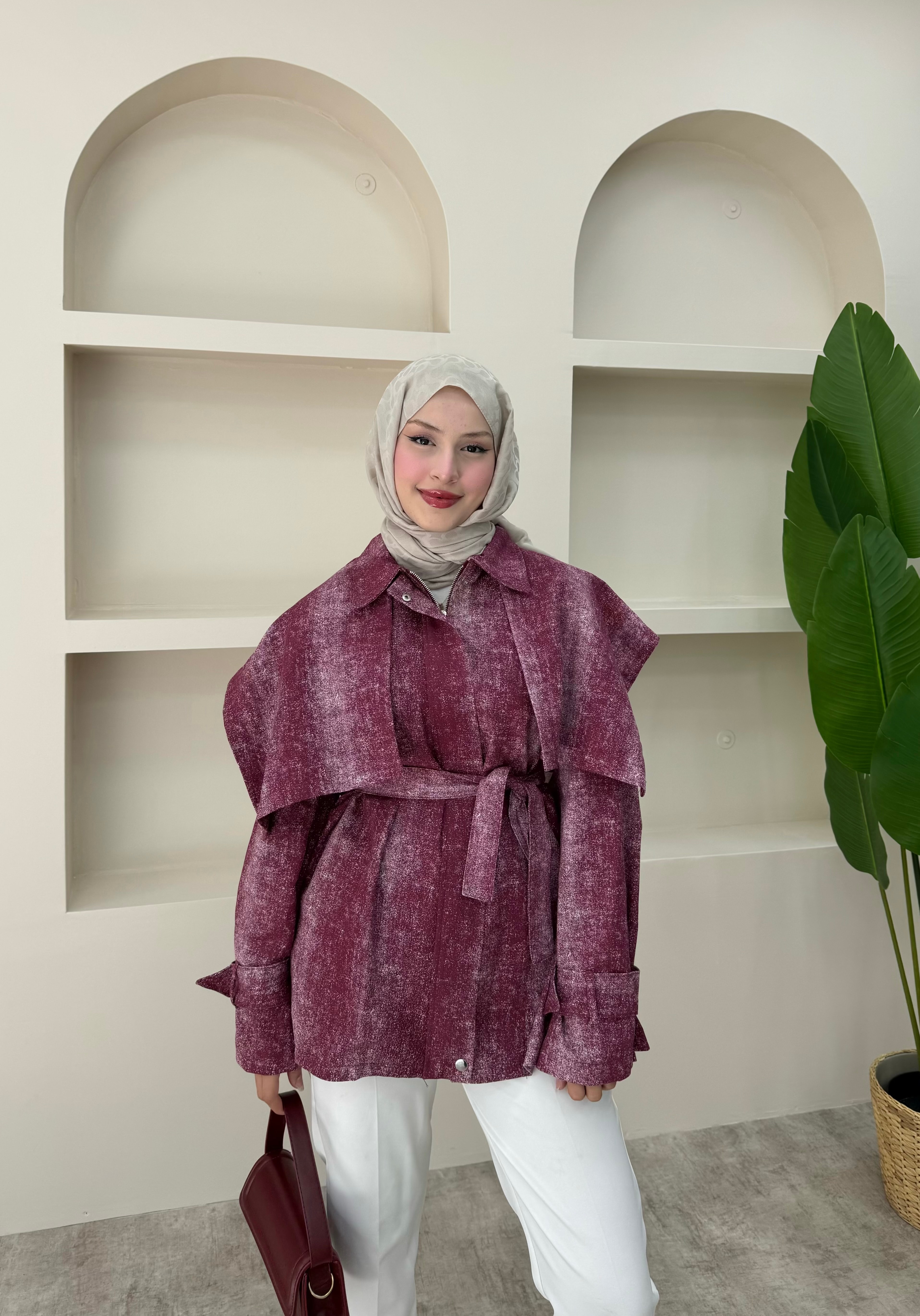 Fermuarlı Gabardin Ceket - Bordo