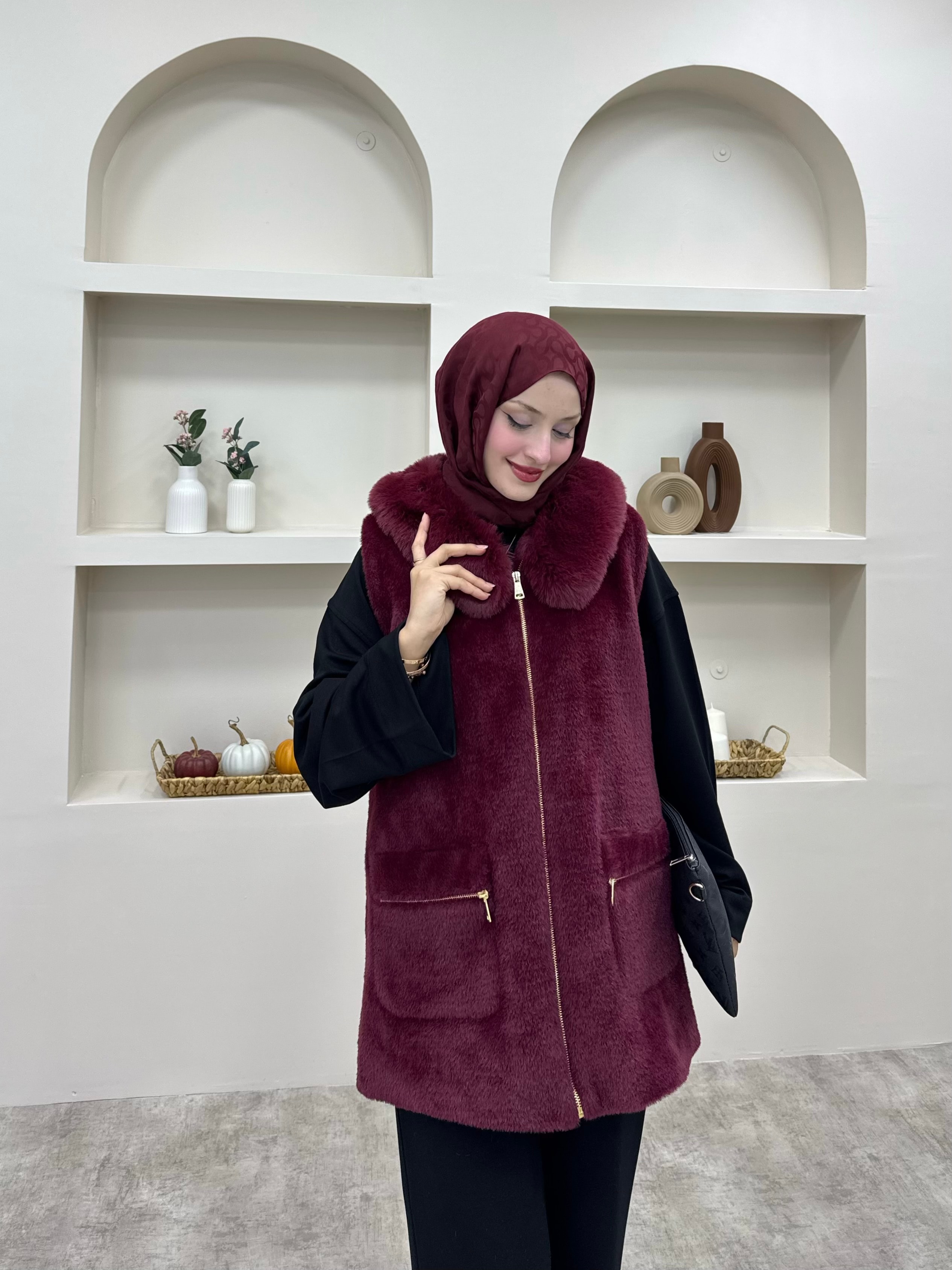 Angora Kürklü Yelek  - Bordo