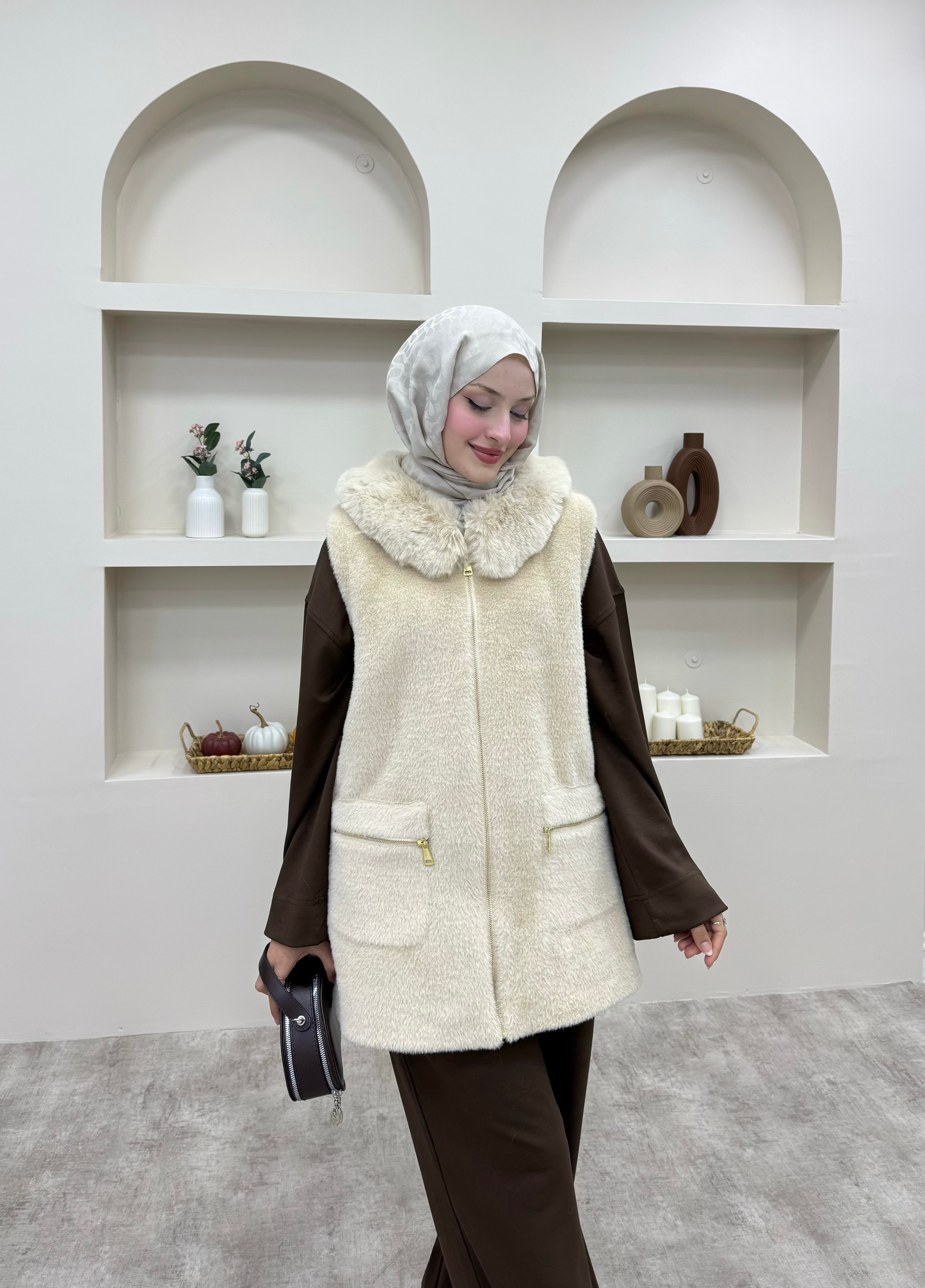 Angora Kürklü Yelek  - Krem