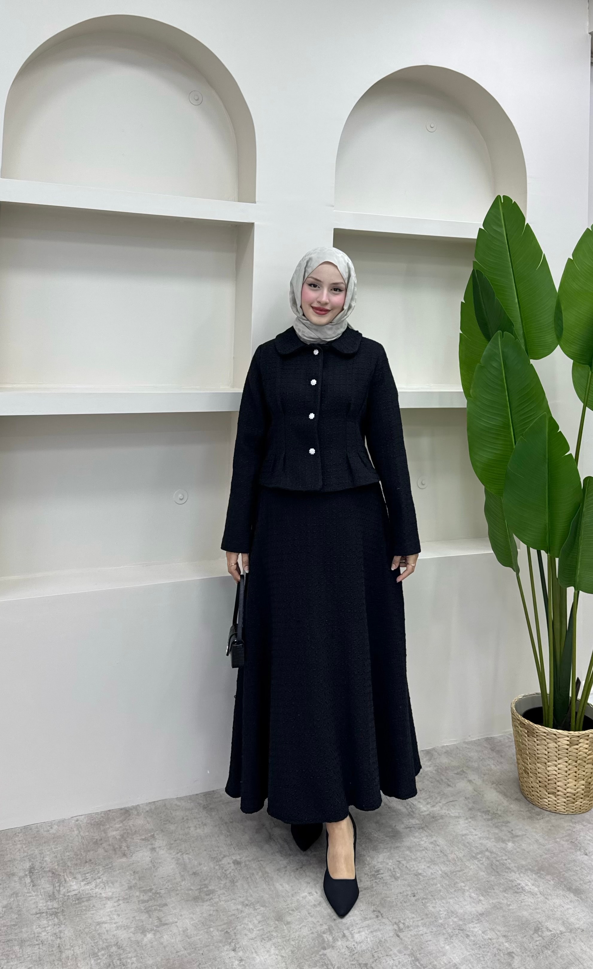 Shanel Kumaş Etekli Takım - Siyah