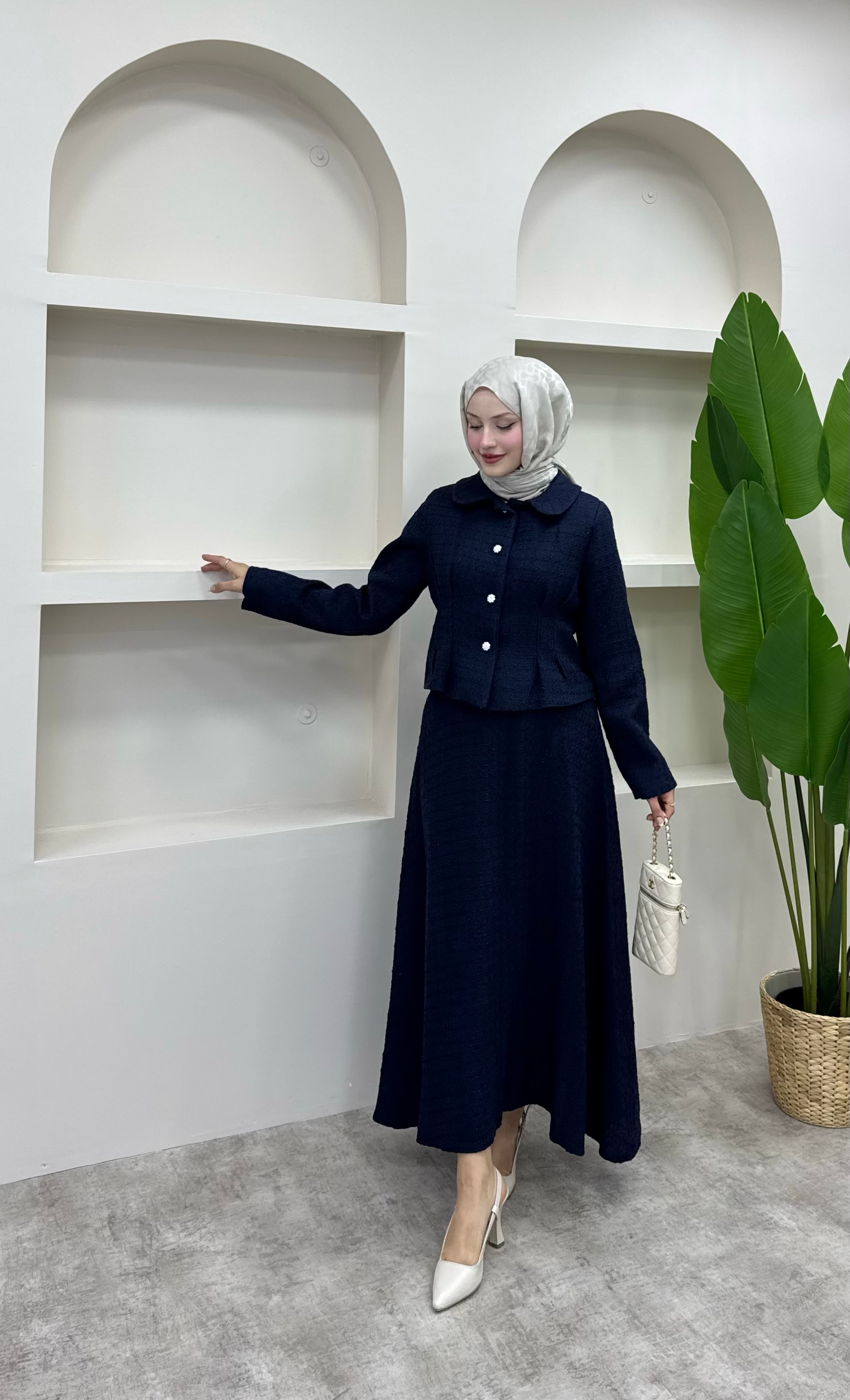 Shanel Kumaş Etekli Takım - Lacivert