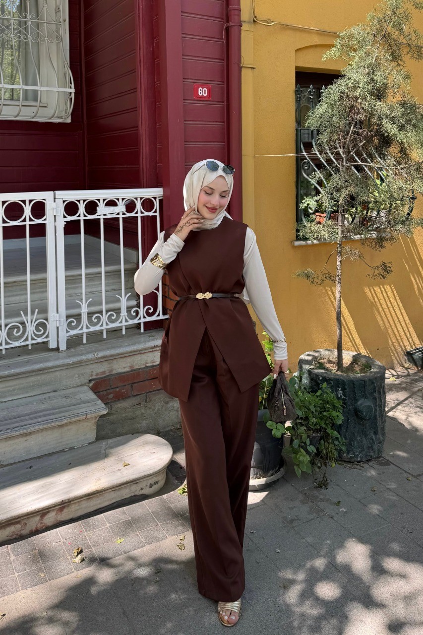 Yelekli Pantolon Takım - Kahverengi