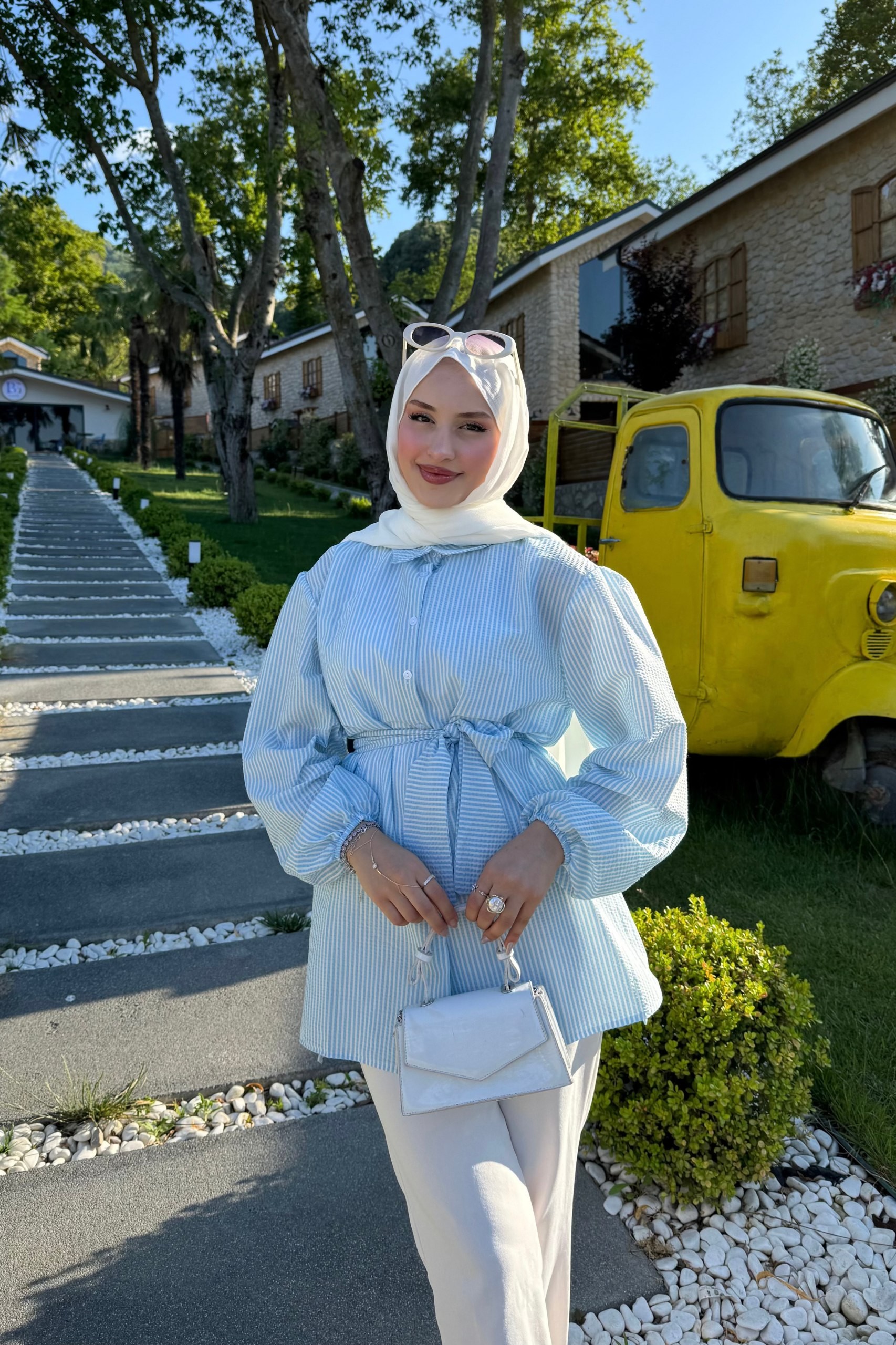 Bağlamalı Çizgili Gömlek  - mavi