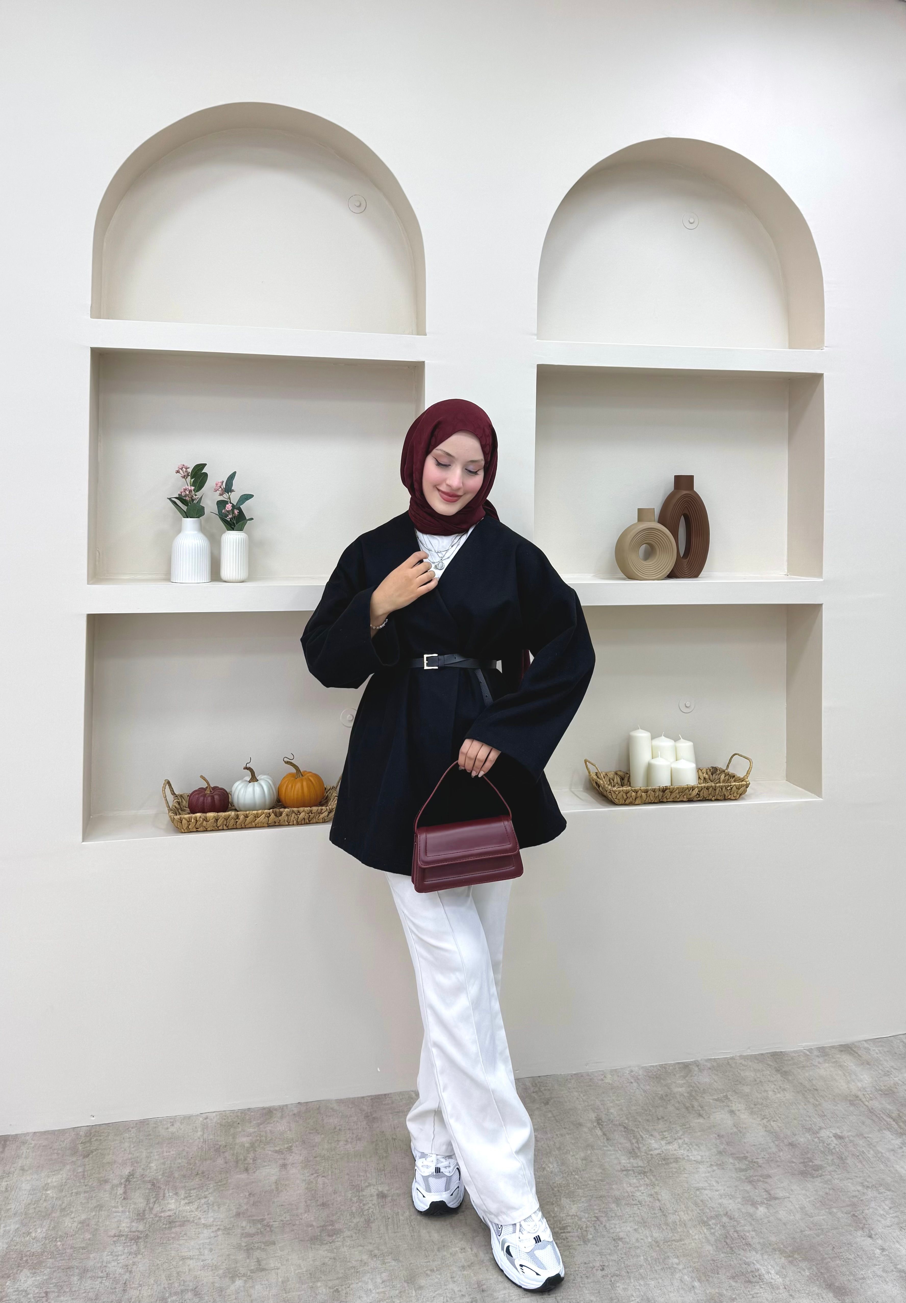 Kemerli Kaşe Ceket - Siyah