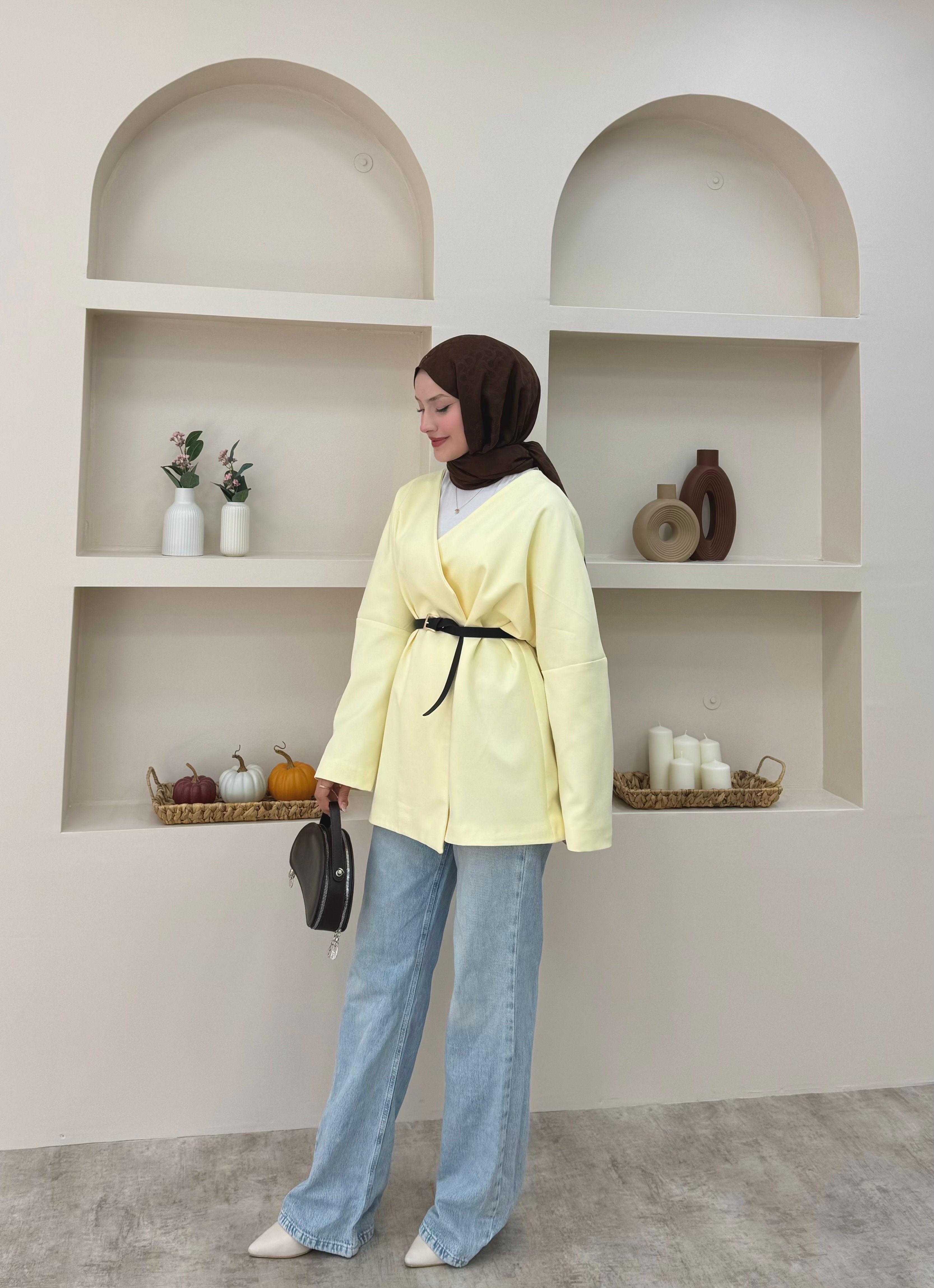 Kruvaze Yaka Kemerli Blazer Ceket  - sarı