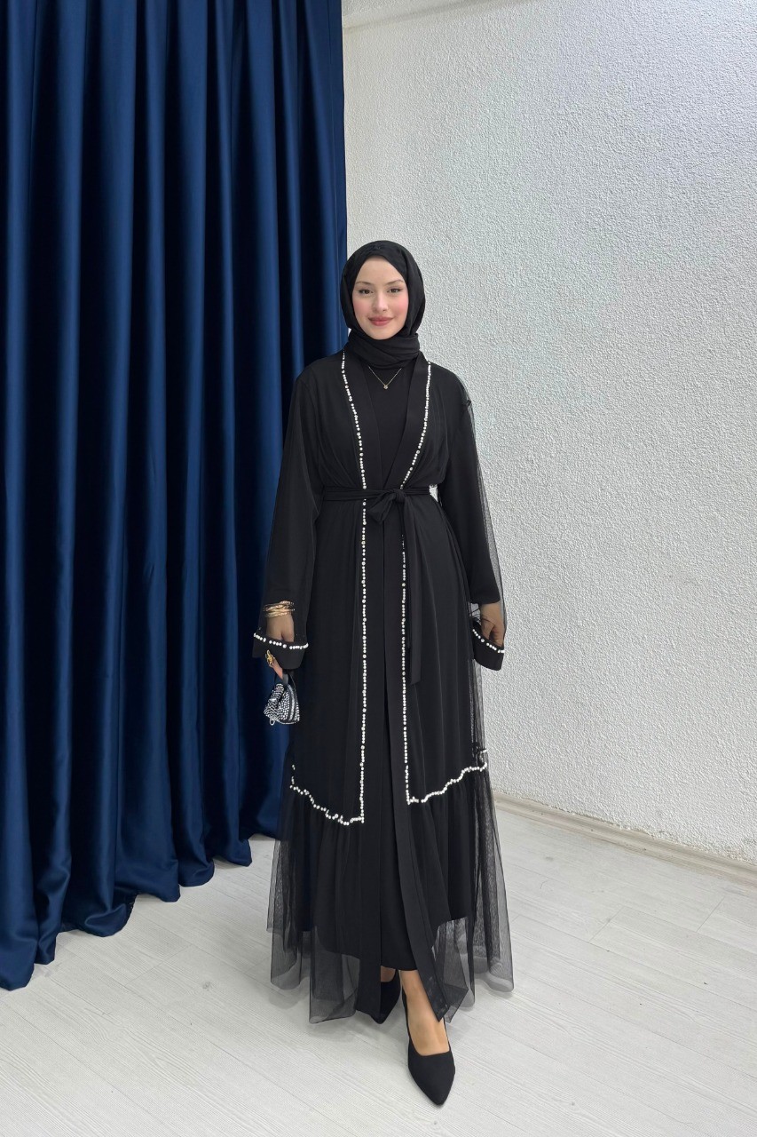 Altı Fırfırlı İnci Detaylı Abaya  - Siyah