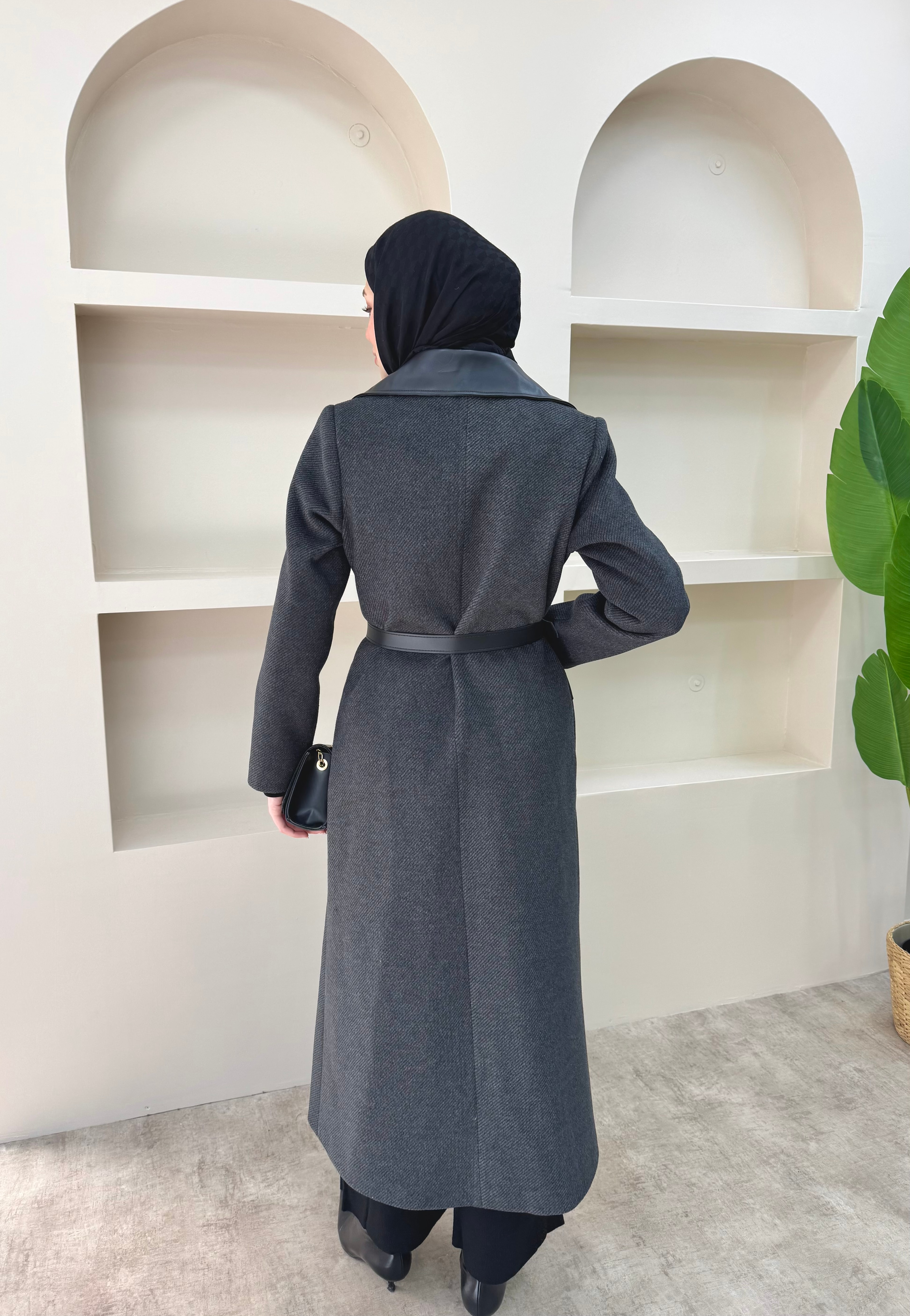 Deri Pelerinli Premium Kaşe Kaban 