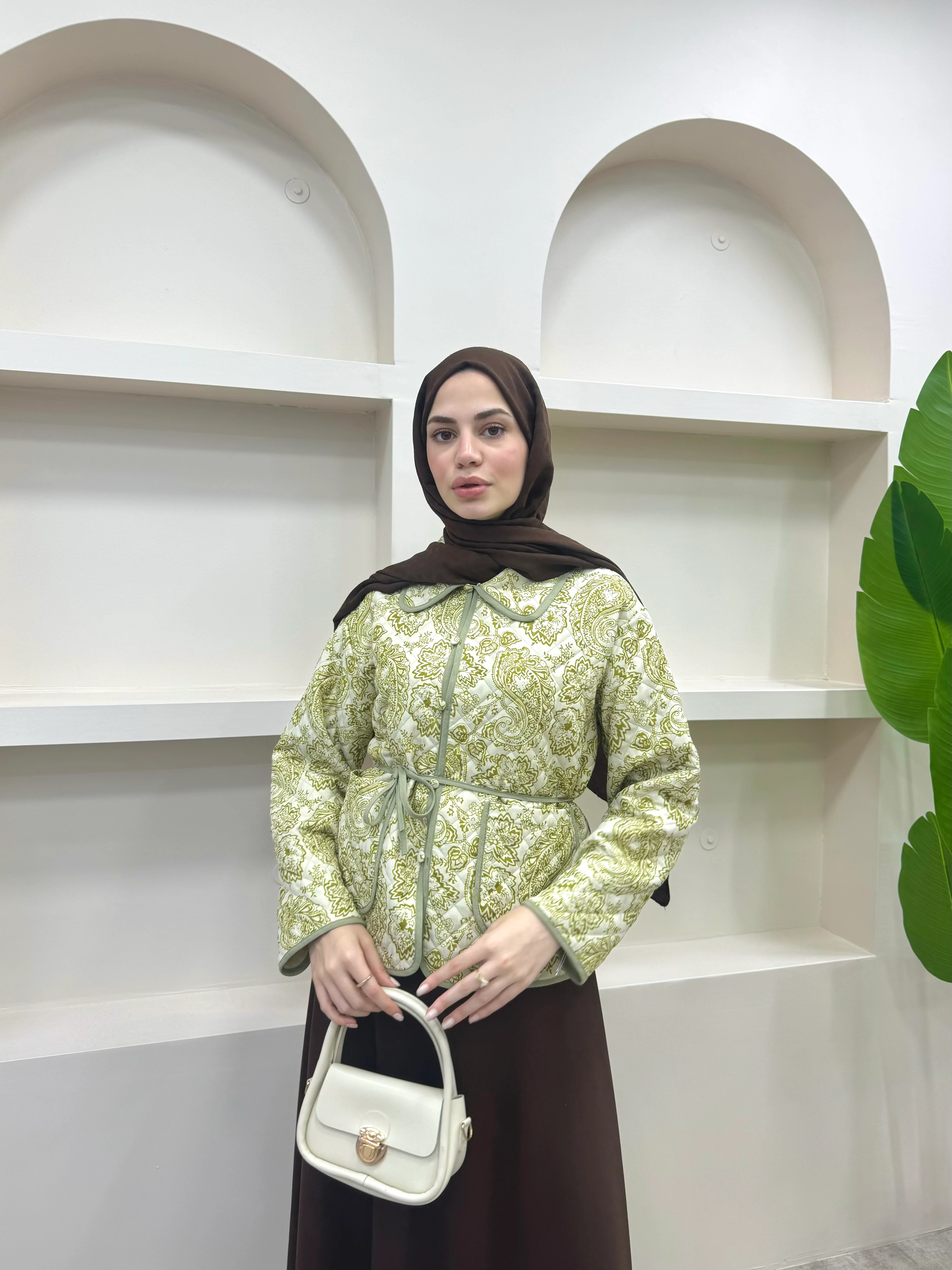 Bağlamalı Etnik Desen Kısa Ceket  - Yeşil