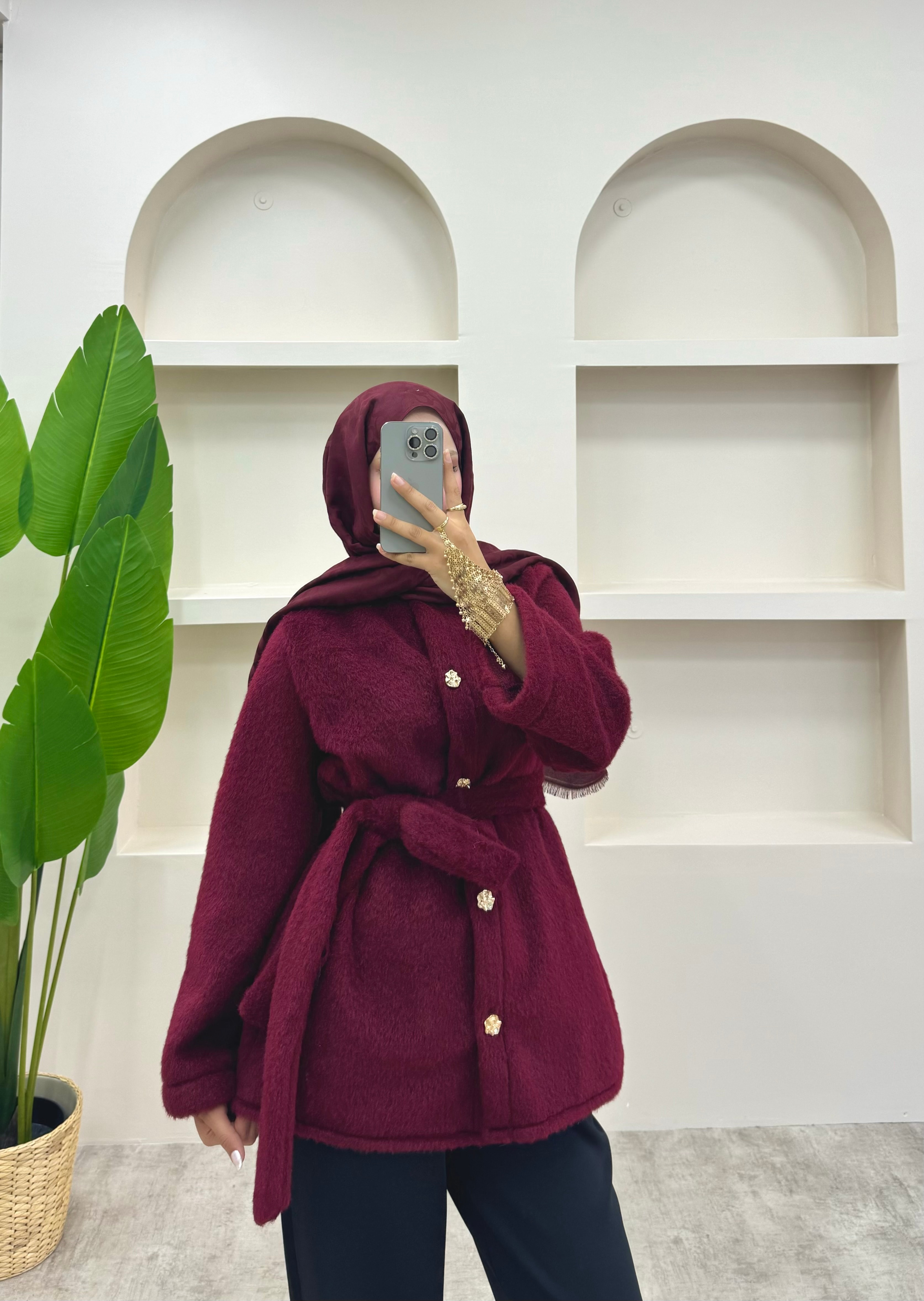 Gold Düğmeli Peluş Ceket  - Bordo