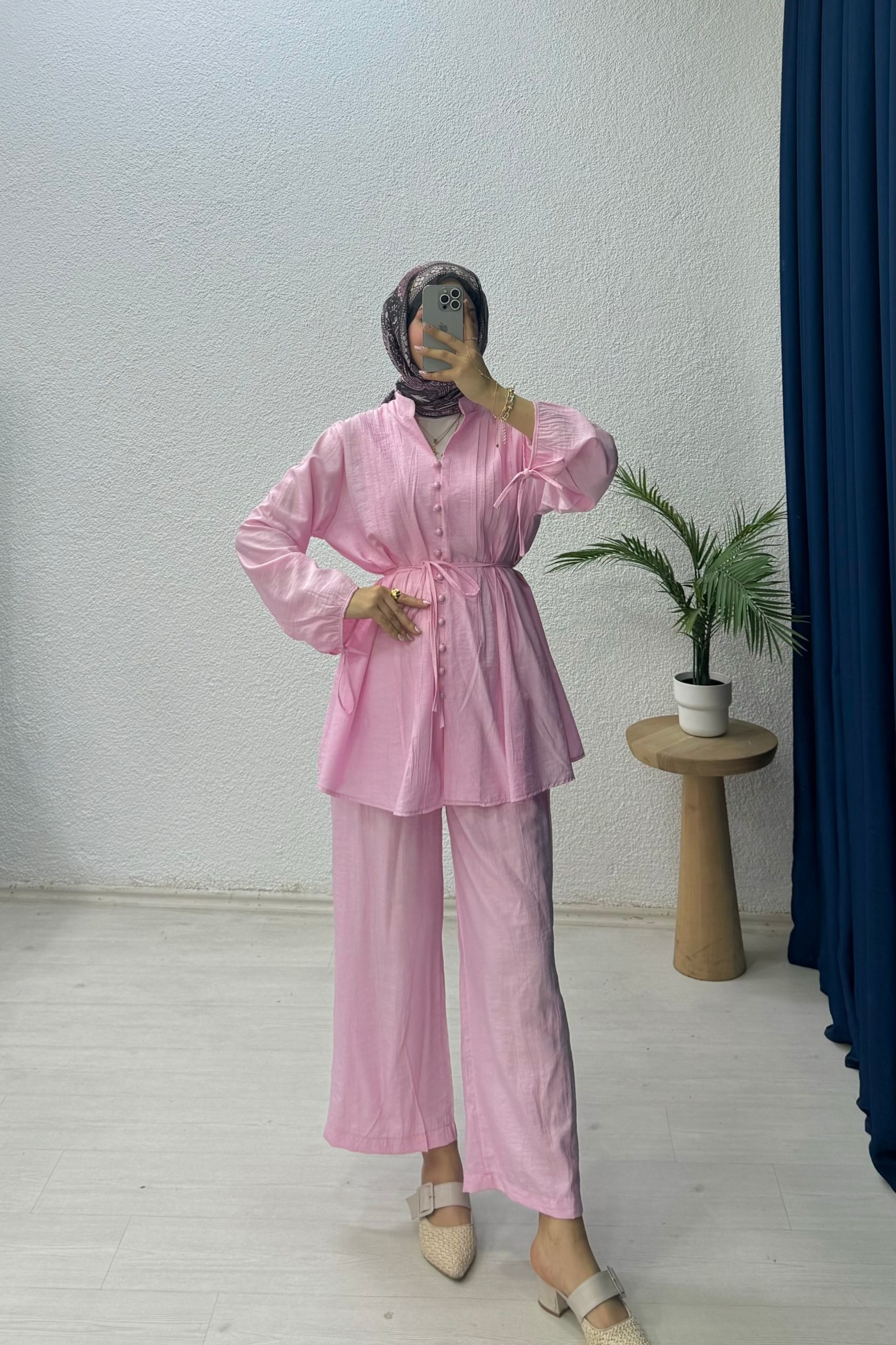 Düğmeli Bağlama Detaylı Takım - PEMBE