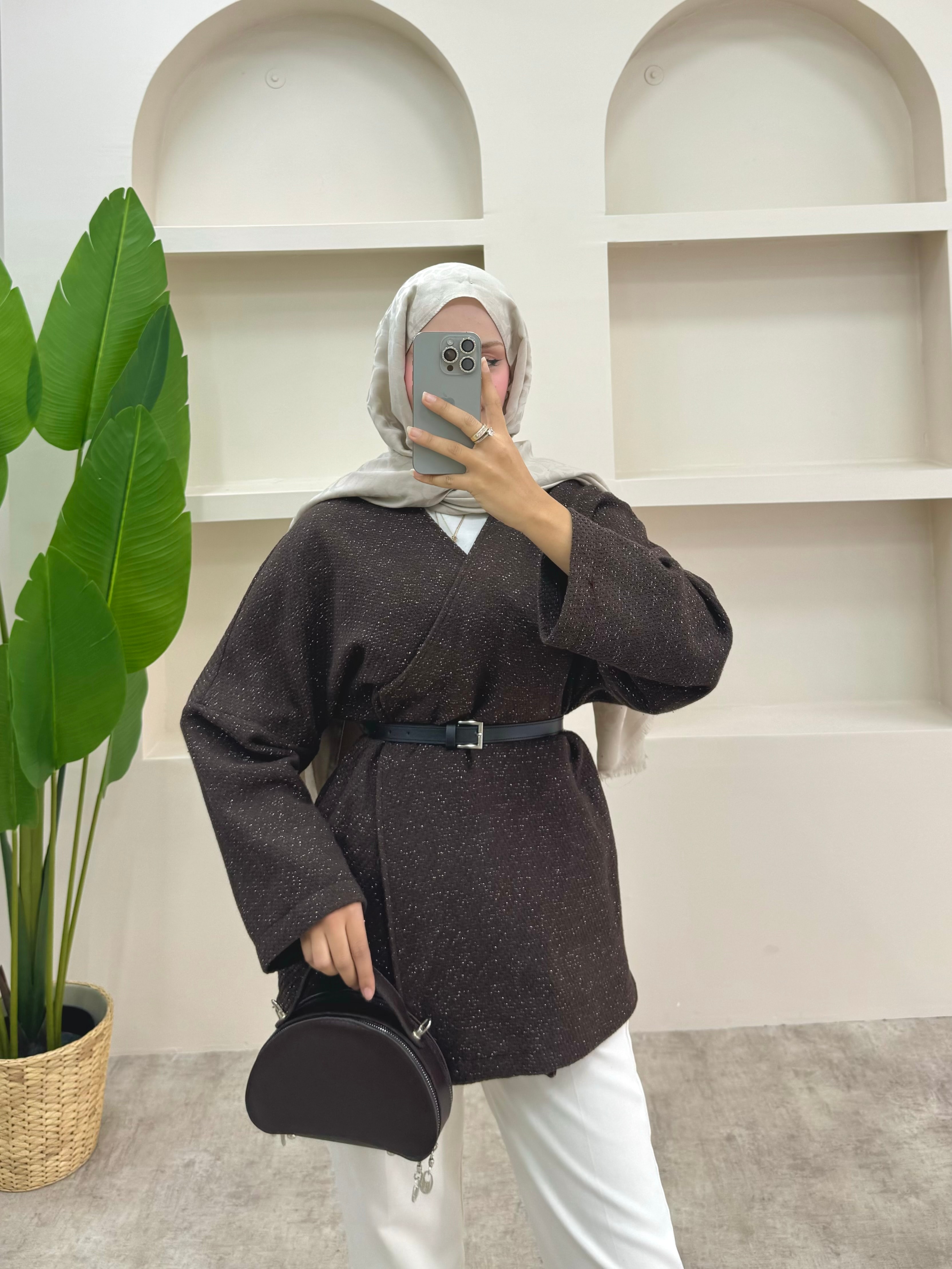 Simli Kemerli Ceket - Kahverengi