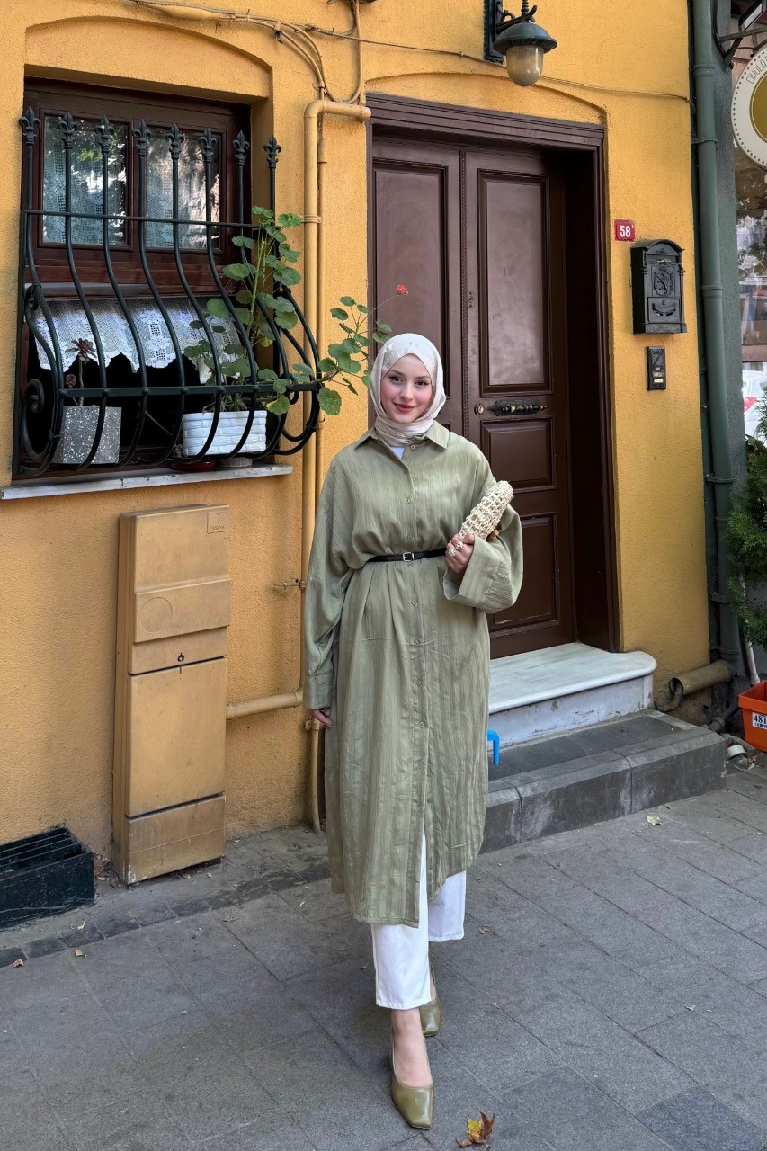 Pamuklu Keten Uzun Gömlek  - Yeşil
