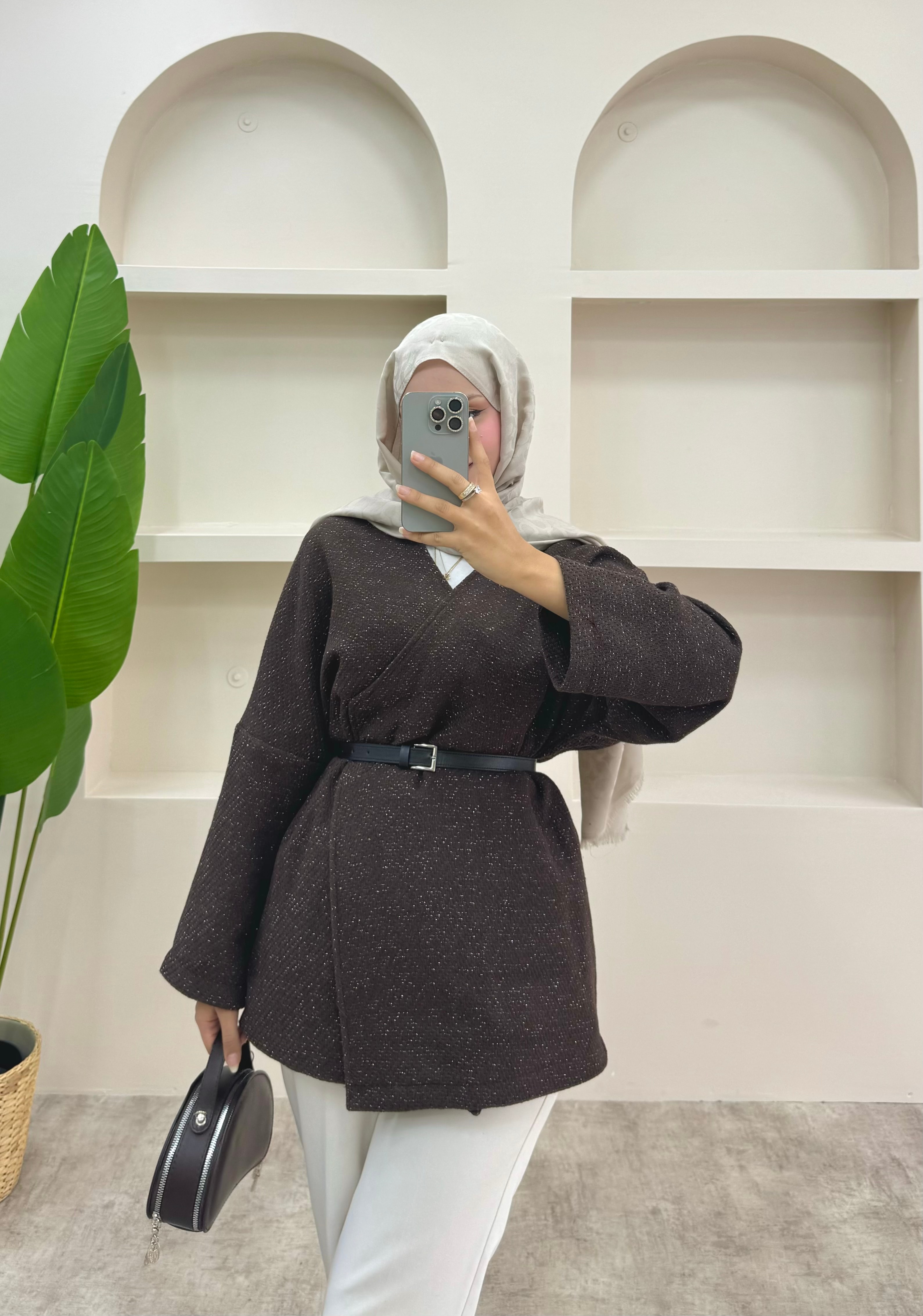 Simli Kemerli Ceket - Kahverengi