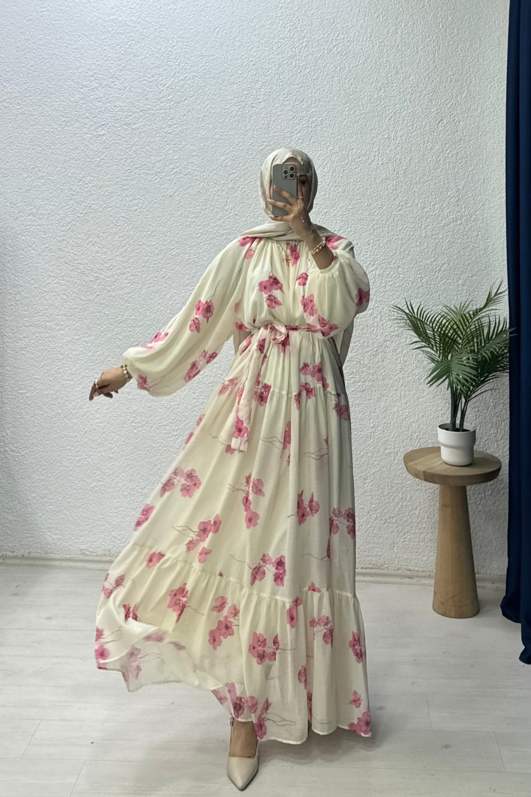 Çicek Desenli Şifon Elbise - PEMBE