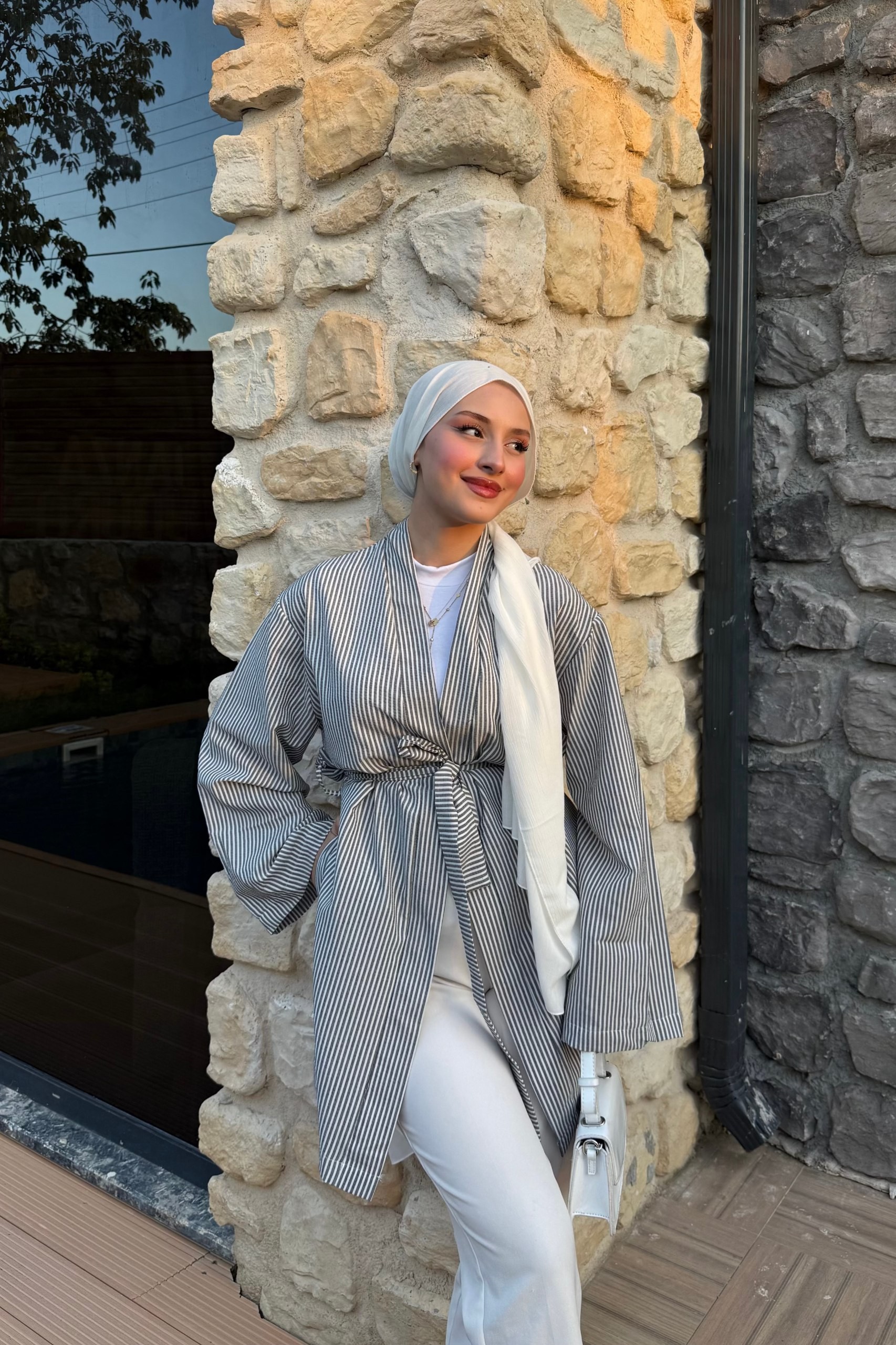 Çizgili Kimono - Siyah