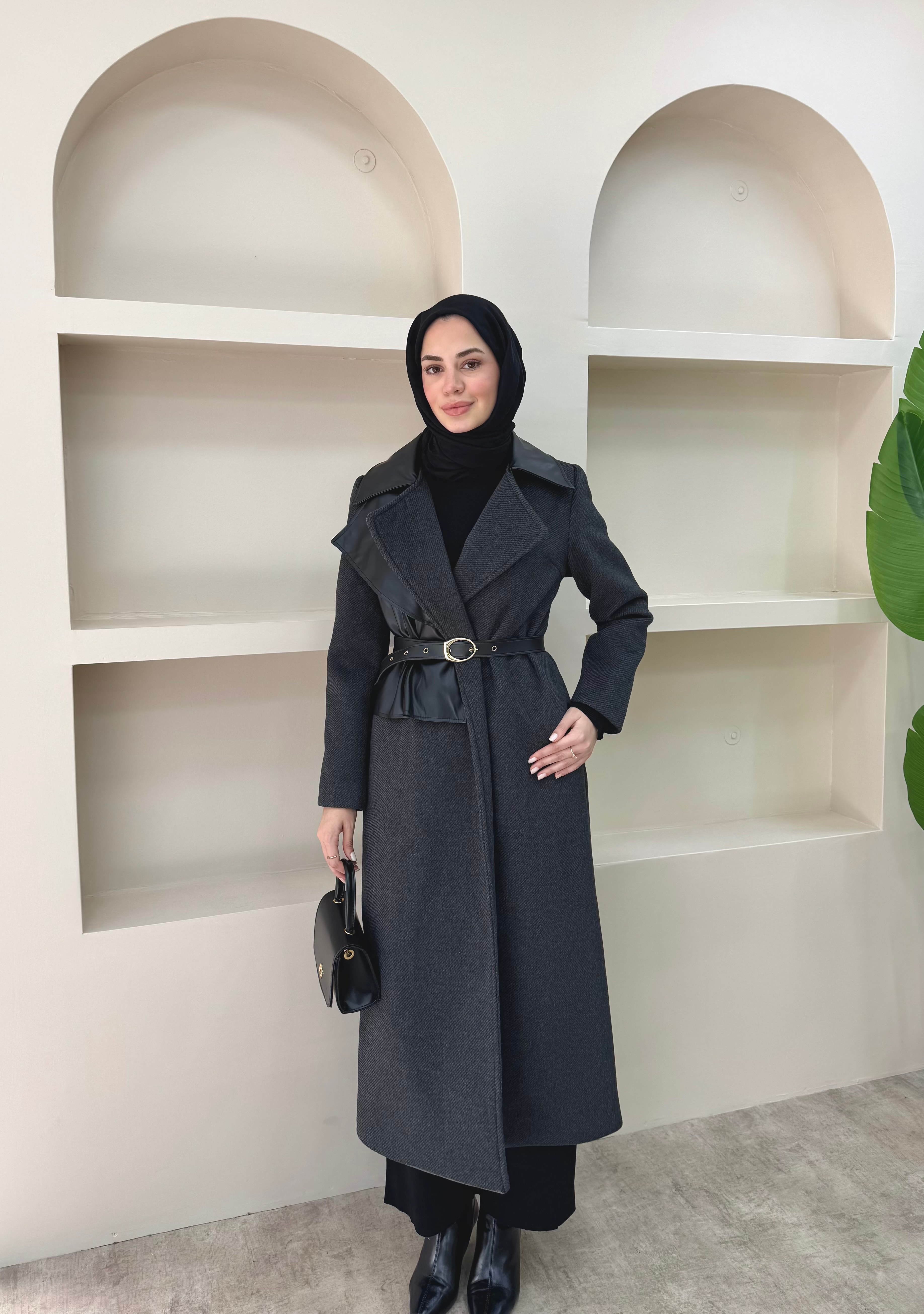 Deri Pelerinli Premium Kaşe Kaban 