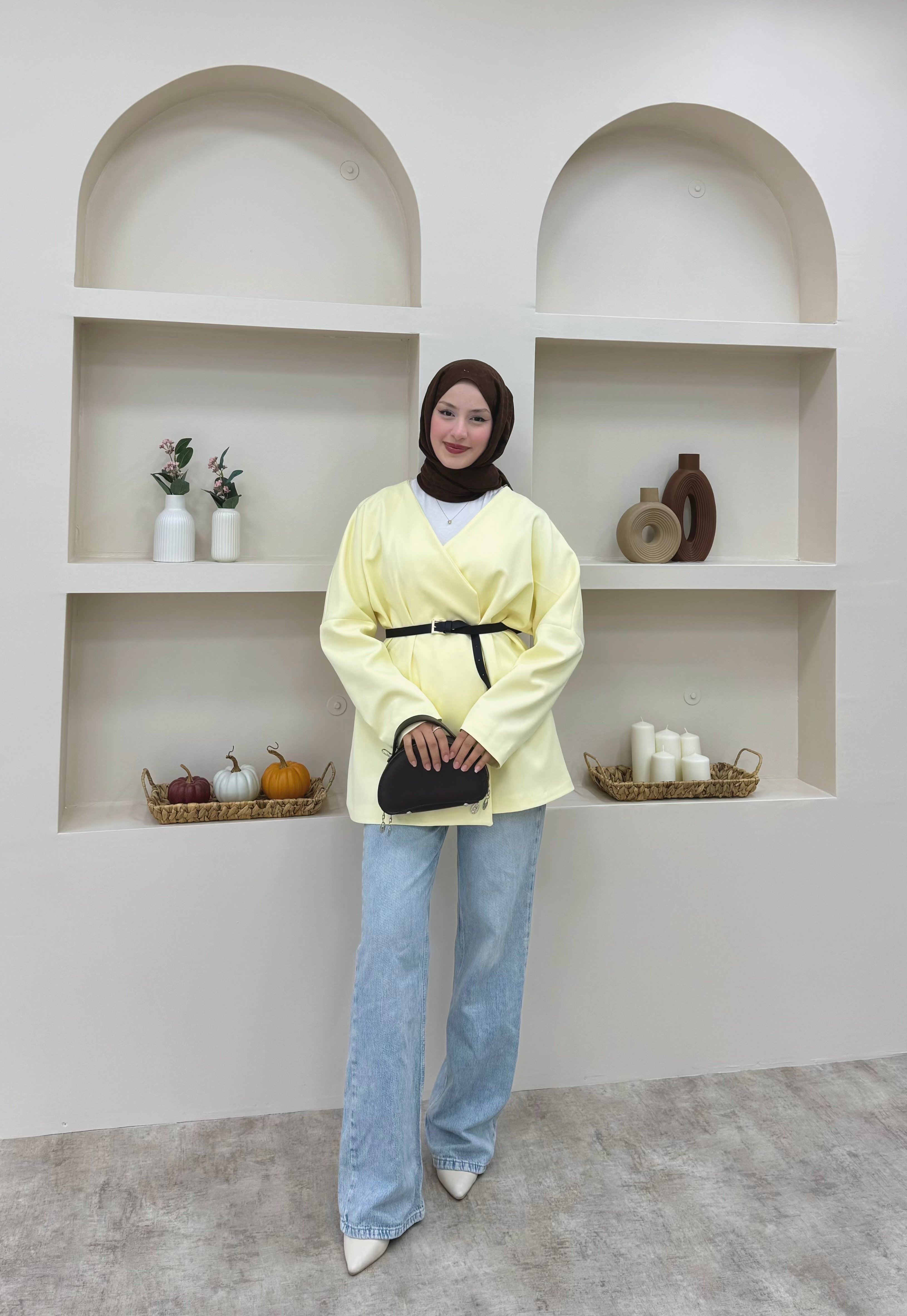 Kruvaze Yaka Kemerli Blazer Ceket  - sarı