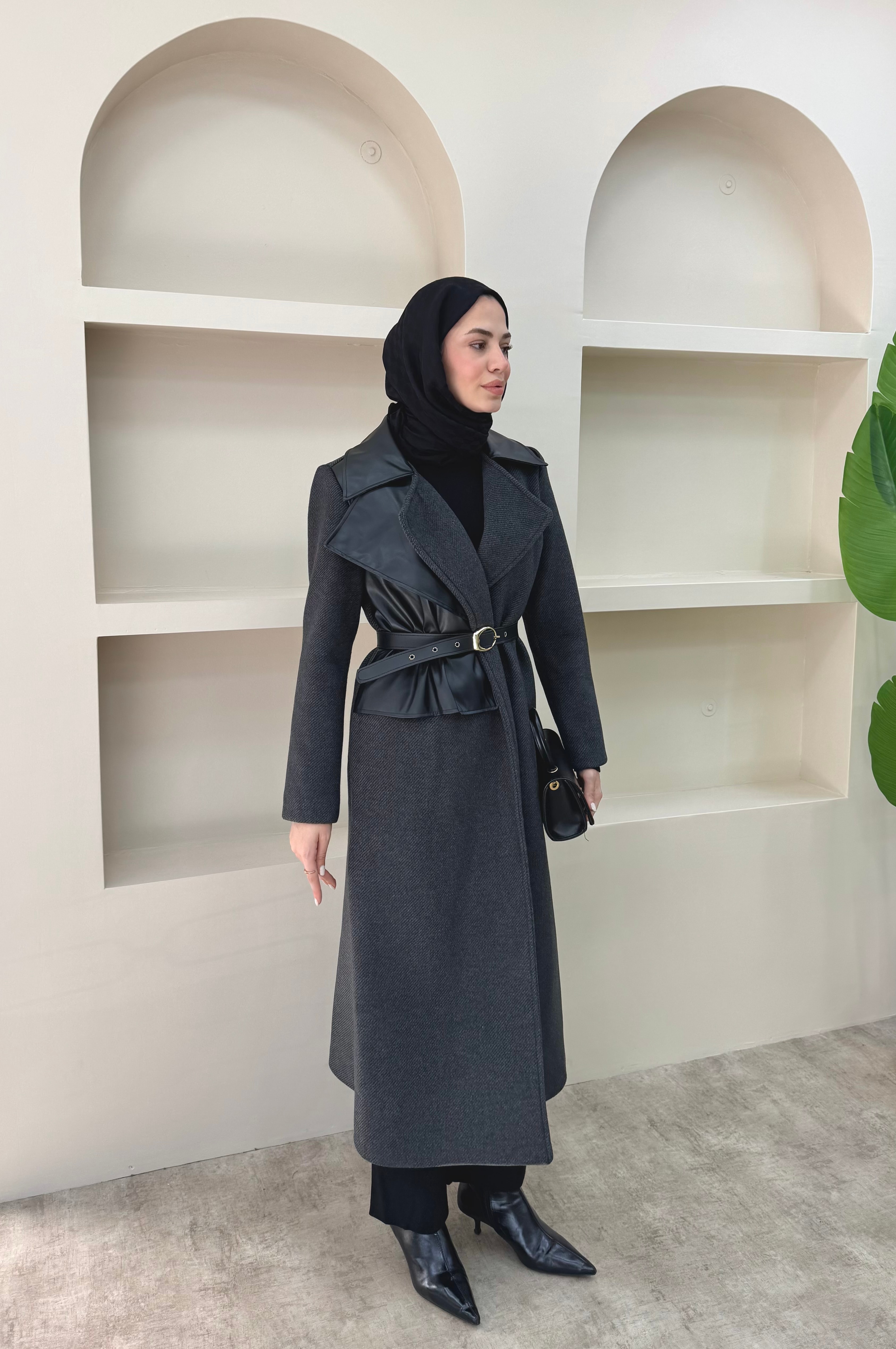 Deri Pelerinli Premium Kaşe Kaban 