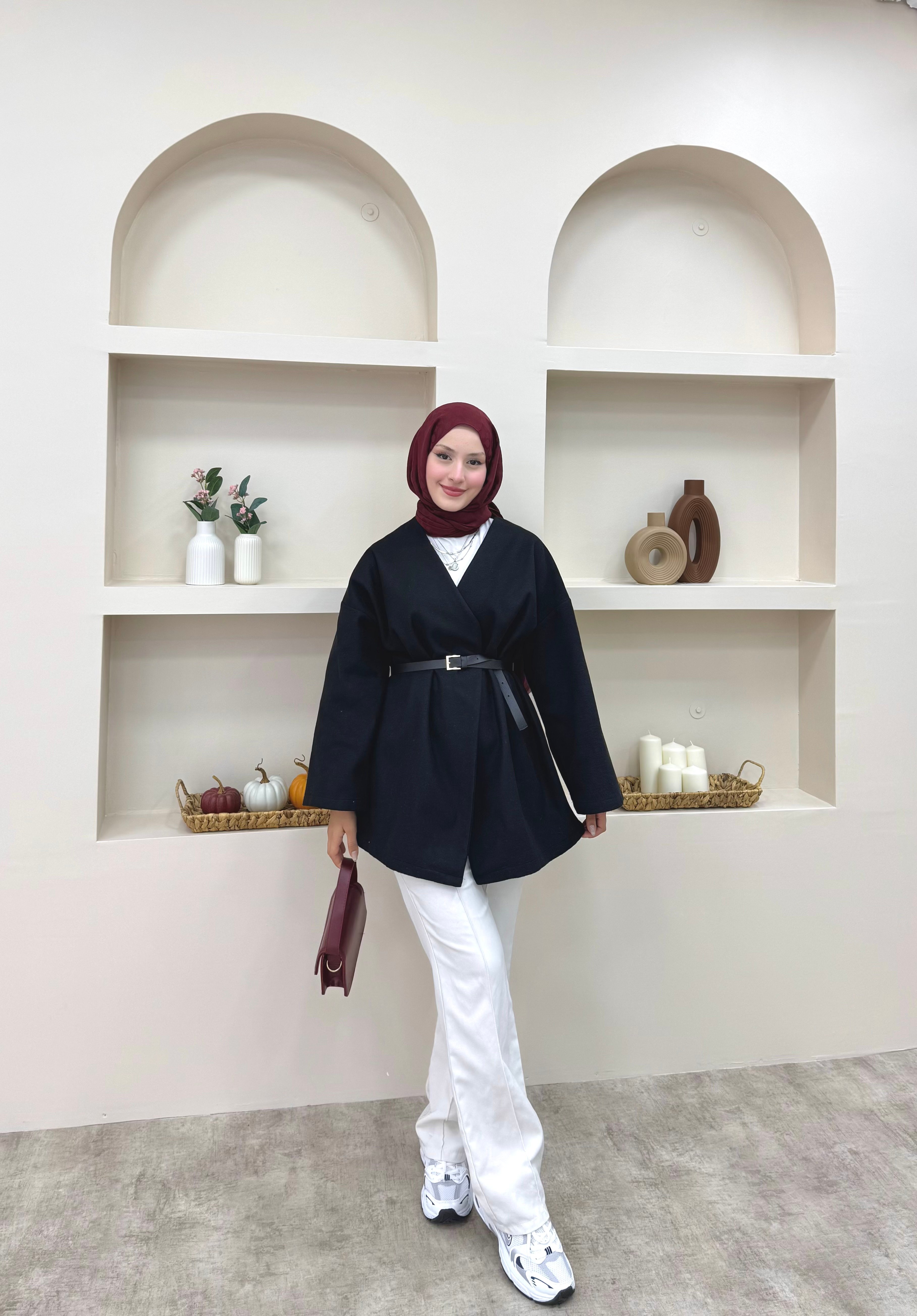 Kemerli Kaşe Ceket - Siyah