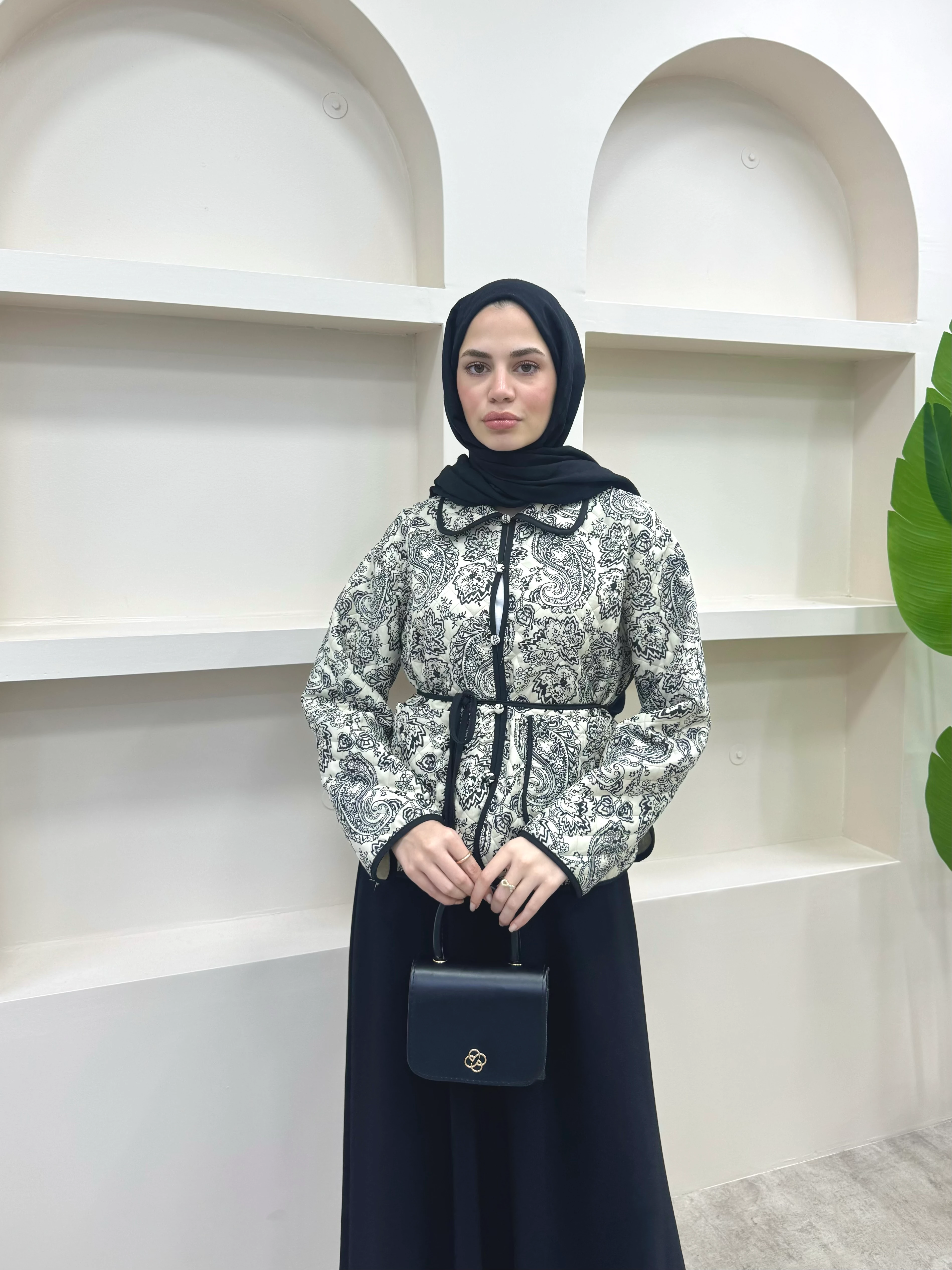 Bağlamalı Etnik Desen Kısa Ceket  - Siyah