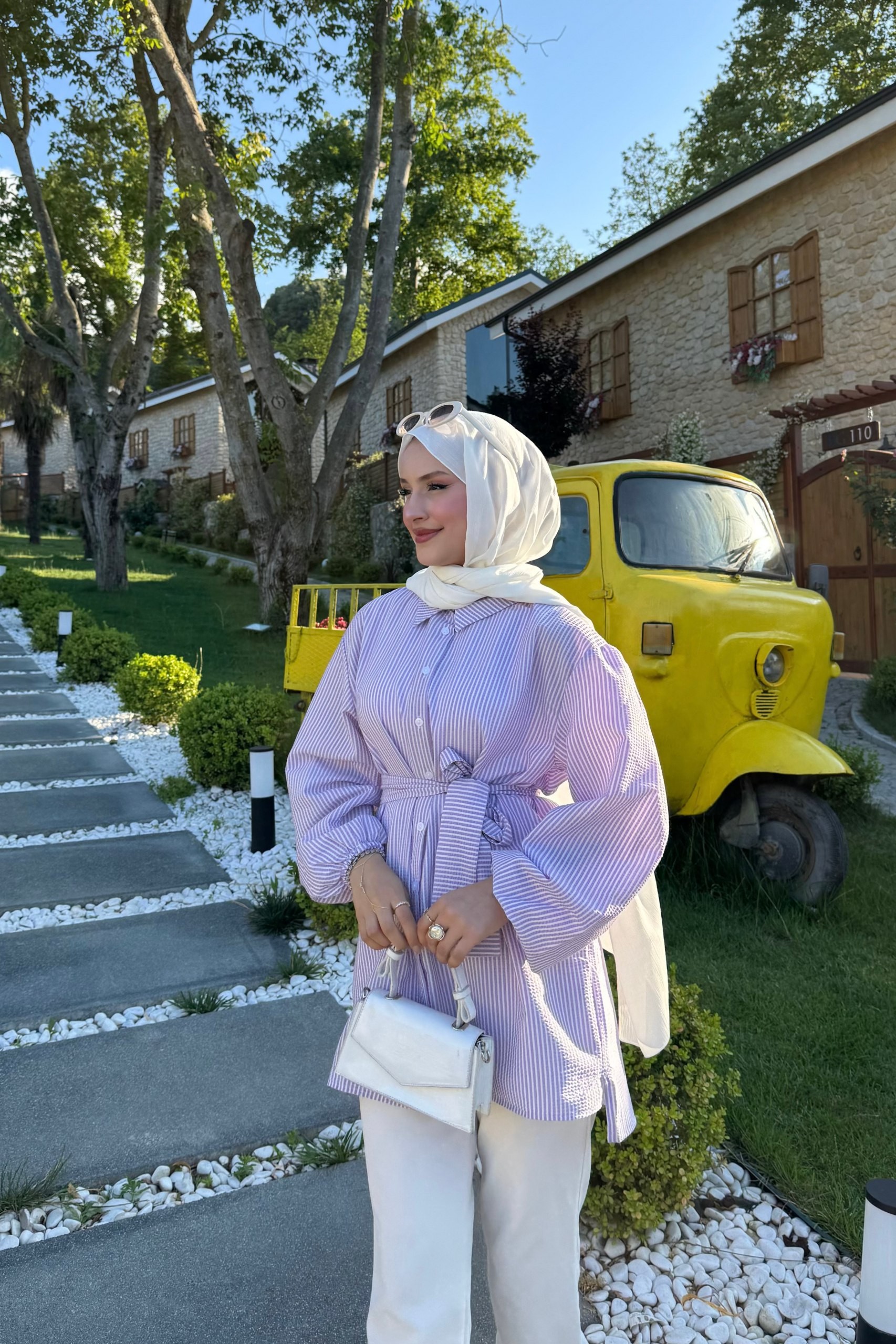 Bağlamalı Çizgili Gömlek  - mor