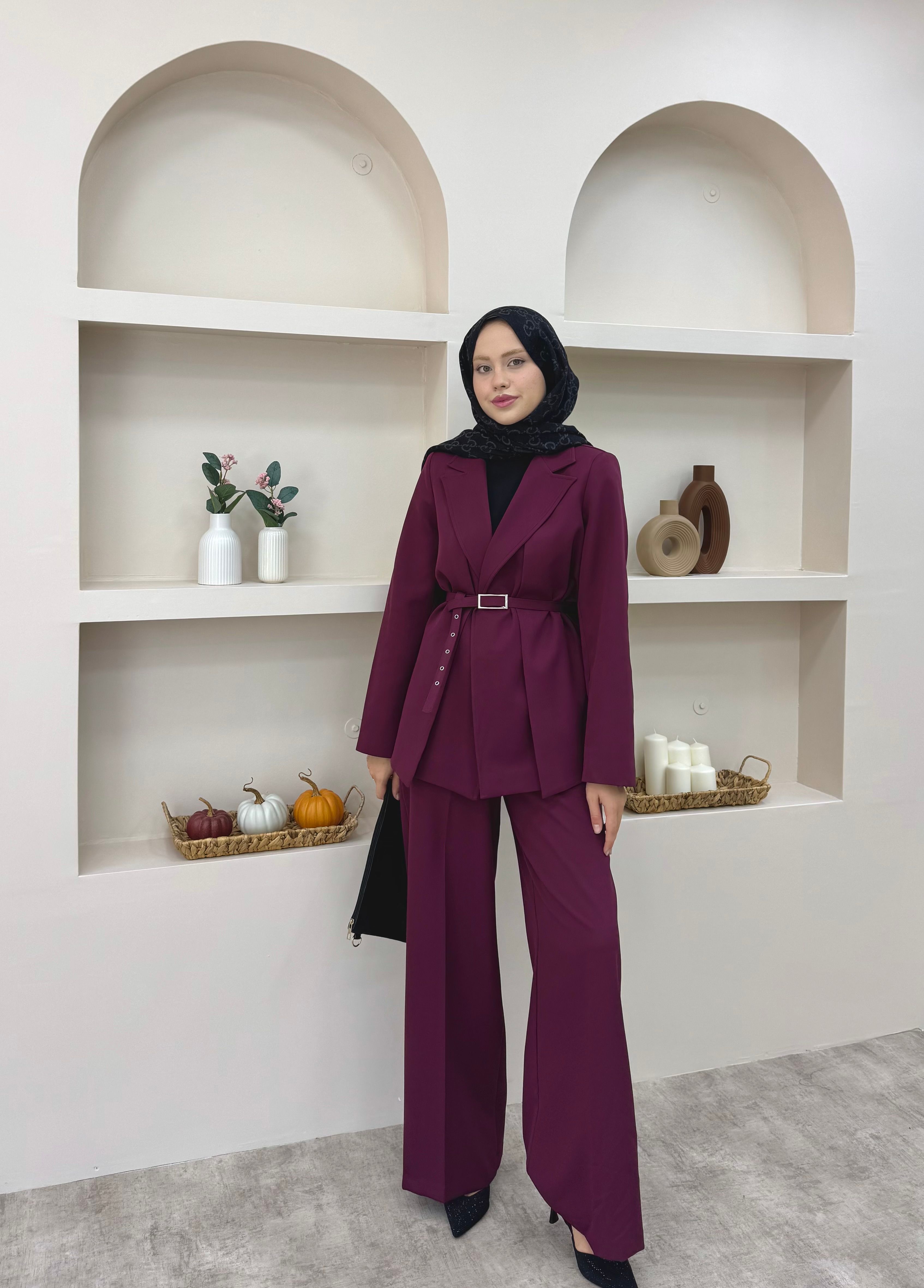 Çift Yaka Blazer Takım  - Bordo