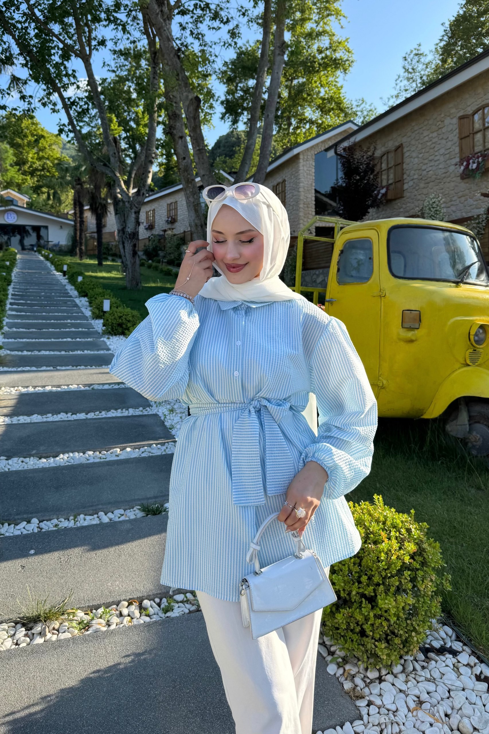 Bağlamalı Çizgili Gömlek  - mavi
